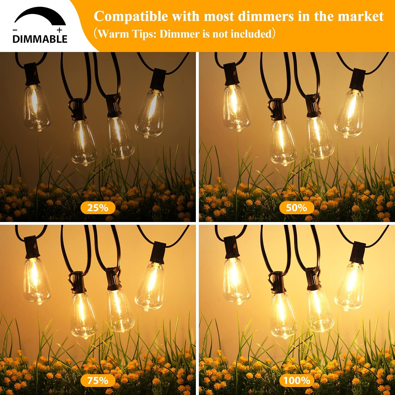 LED Outdoor String Lights 100FT Patio Lights with 52 Shatterproof ST38 Vintage Edison Bulbs, Outside Hanging Light Waterproof for Porch, Deck, Garden, Backyard, Balcony, 2700K Dimmable | 2 Spare ST38 Edison Bulbs Dimmable, Connectable Plug-in LED Outdoor Lighting for Porch, Garden, Backyard, Balcony, 2700K - Image 4