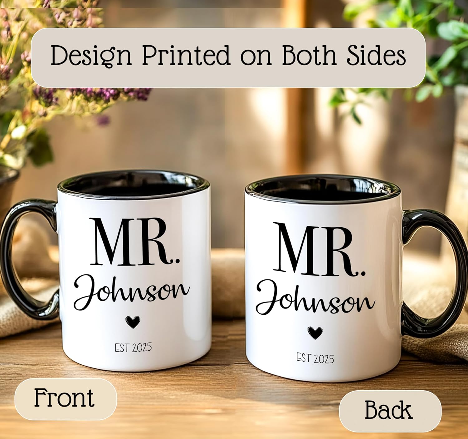 Personalized Mr & Mrs Coffee Mug Set | Customized Couple Gift Set for Engagement, Wedding, Anniversary, Valentine's Day | Custom Name Ceramic Tea Cup | 11 oz (White - Black) - Image 5