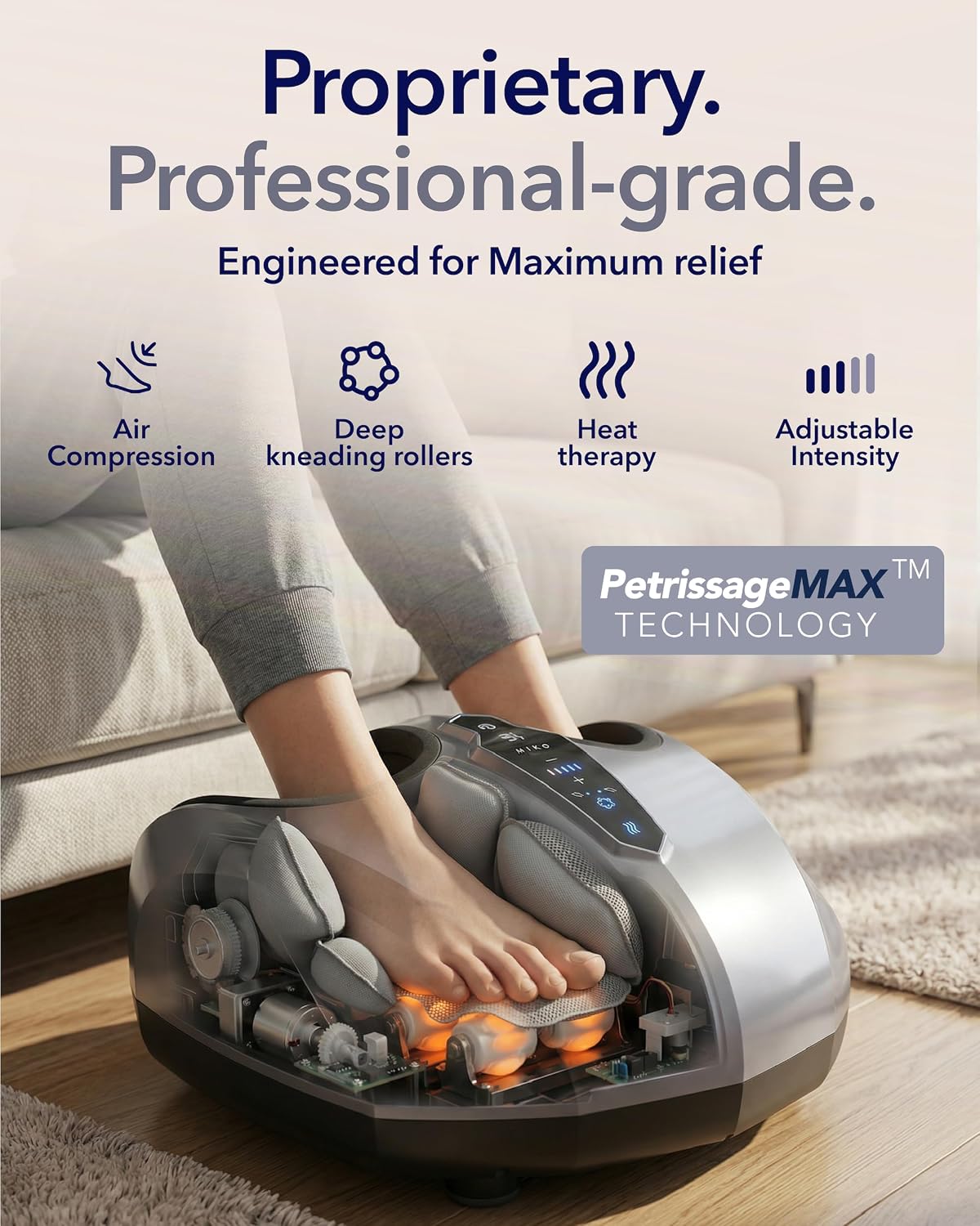 MIKO Shiatsu Foot Massager with Heat and Air Compression | 5 pressure levels, 3 modes, rolling & wireless remote; for plantar fasciitis and neuropathy; fits men's size 12 - Image 4