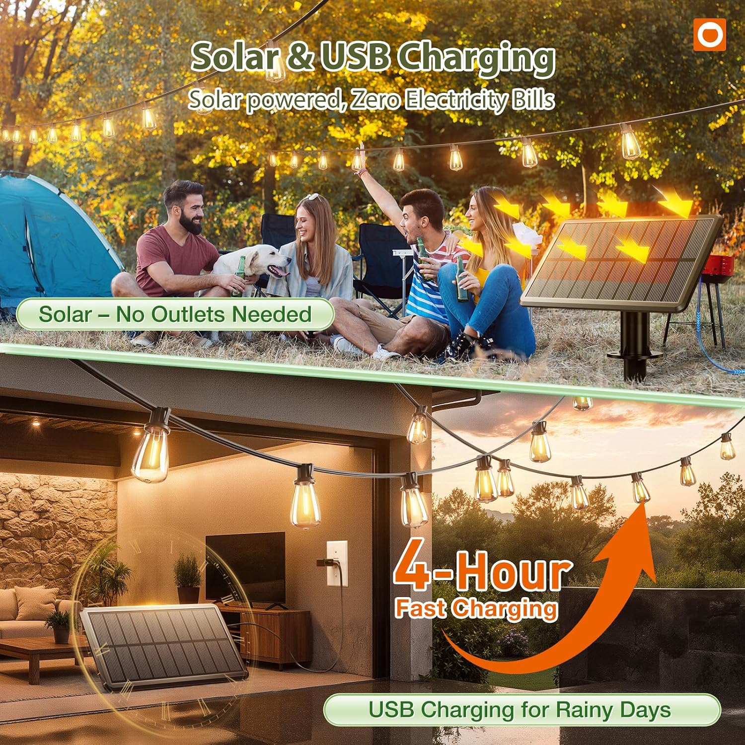 addlon 52(48+4) FT Solar String Lights Waterproof, Remote Dimmable 16+1 LED | Patio Lights Solar Powered with USB Port, Shatterproof Bulbs, 3 Light Modes, Timable Solar Light for Camping Backyard Garden - Image 3