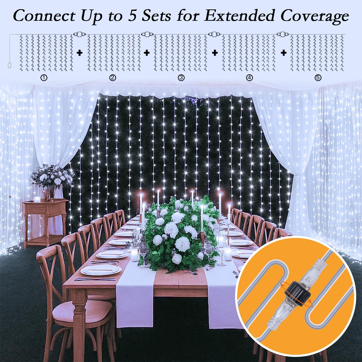 300 LED Cool White Curtain String Lights 9.8x9.8FT Plug in Fairy Lights with 9 Hooks Dimmable Timer & 8 Modes IP44 Waterproof Bedroom Office Wall Wedding Backdrop Christmas Indoor Outdoor Decor - Image 7