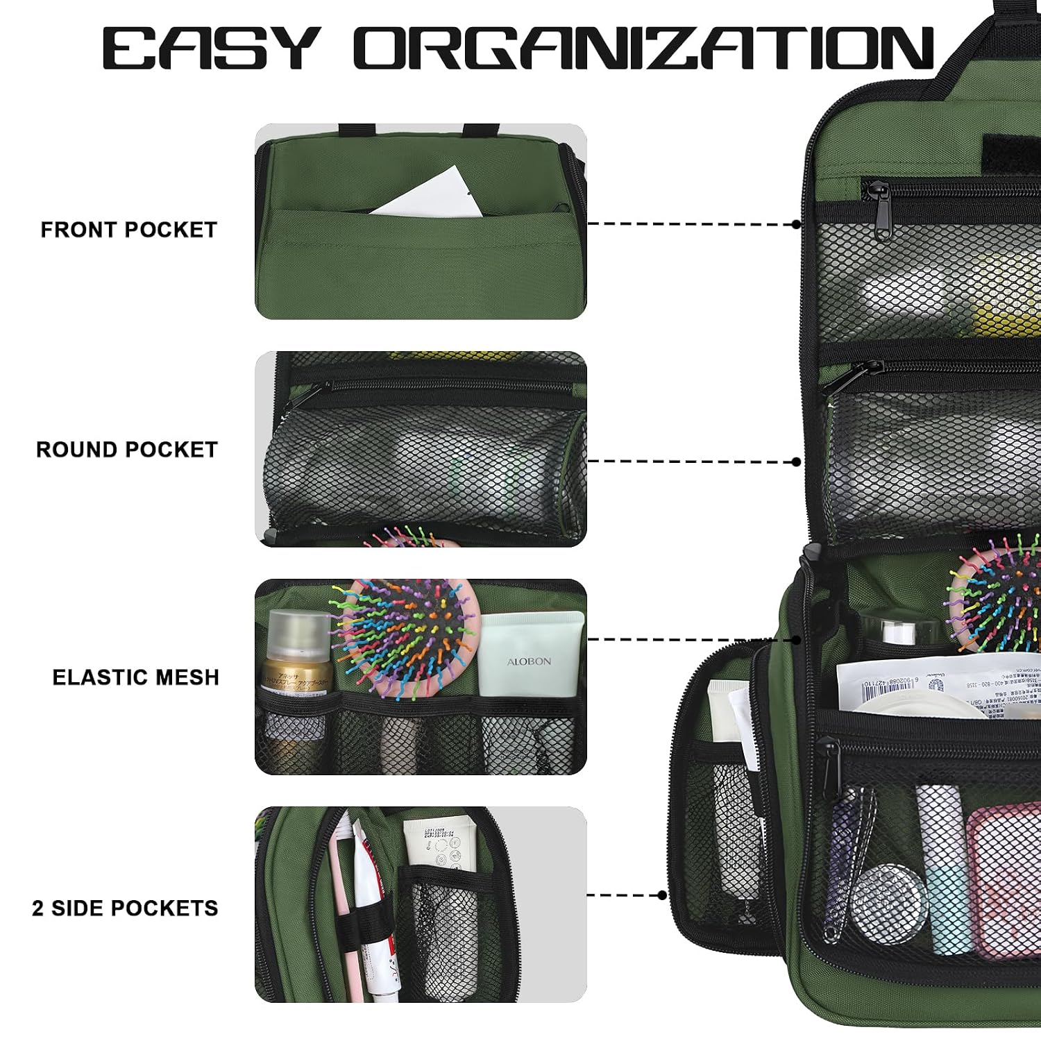 Hanging Toiletry Bag, 10 Compartments Water-Resistant Makeup Bag with 360° Spinning Metal Hook, Large Travel Cosmetic Organizer for Men & Women, Green (7.05oz) - Image 3