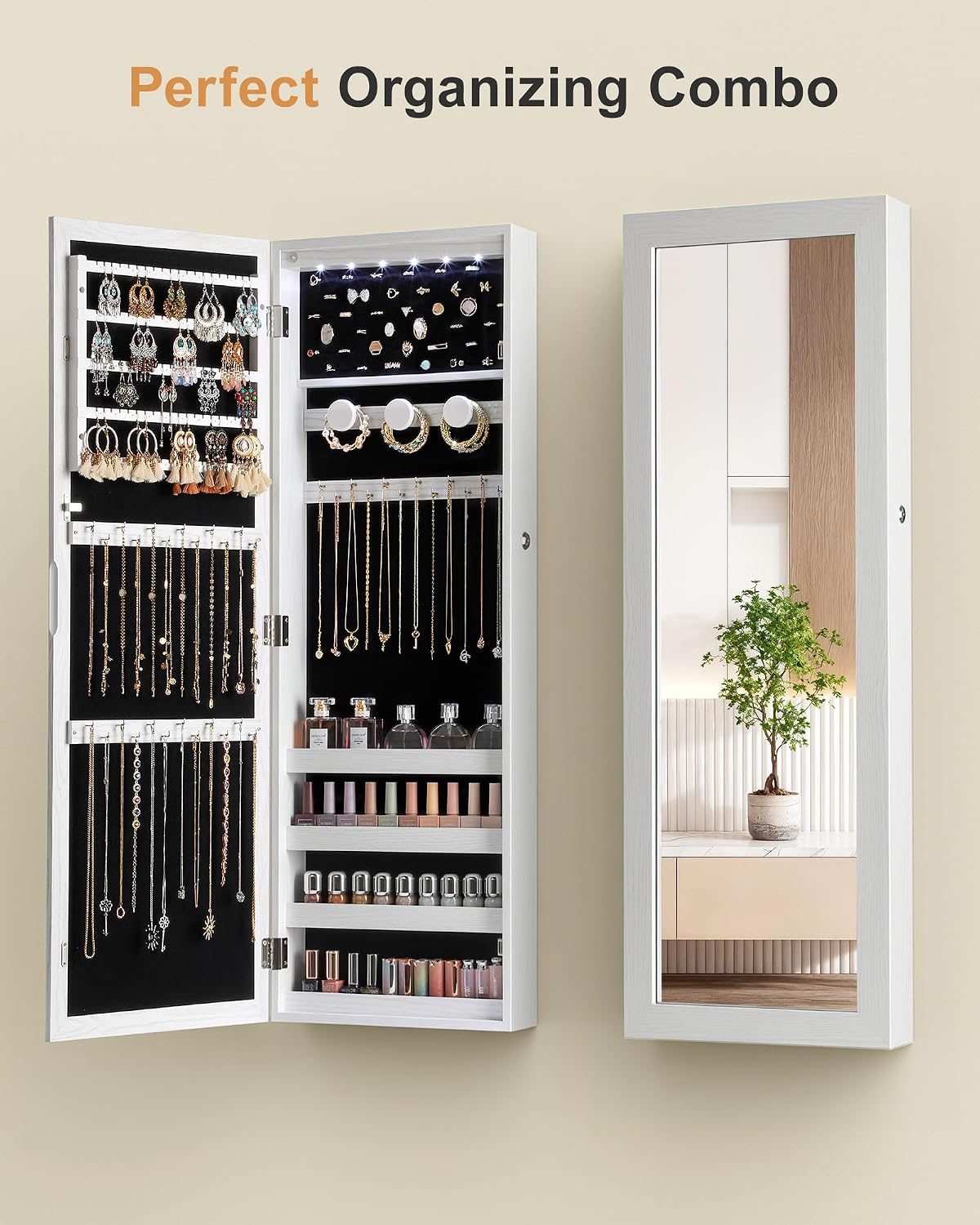 6 LEDs Jewelry Armoire, Hanging Mirror Jewelry Cabinet, White | Over the Door Jewelry Organizer, Lockable Mirror with Jewelry Storage, Auto-on Light, Gift Idea, Easy Assembly - Image 4