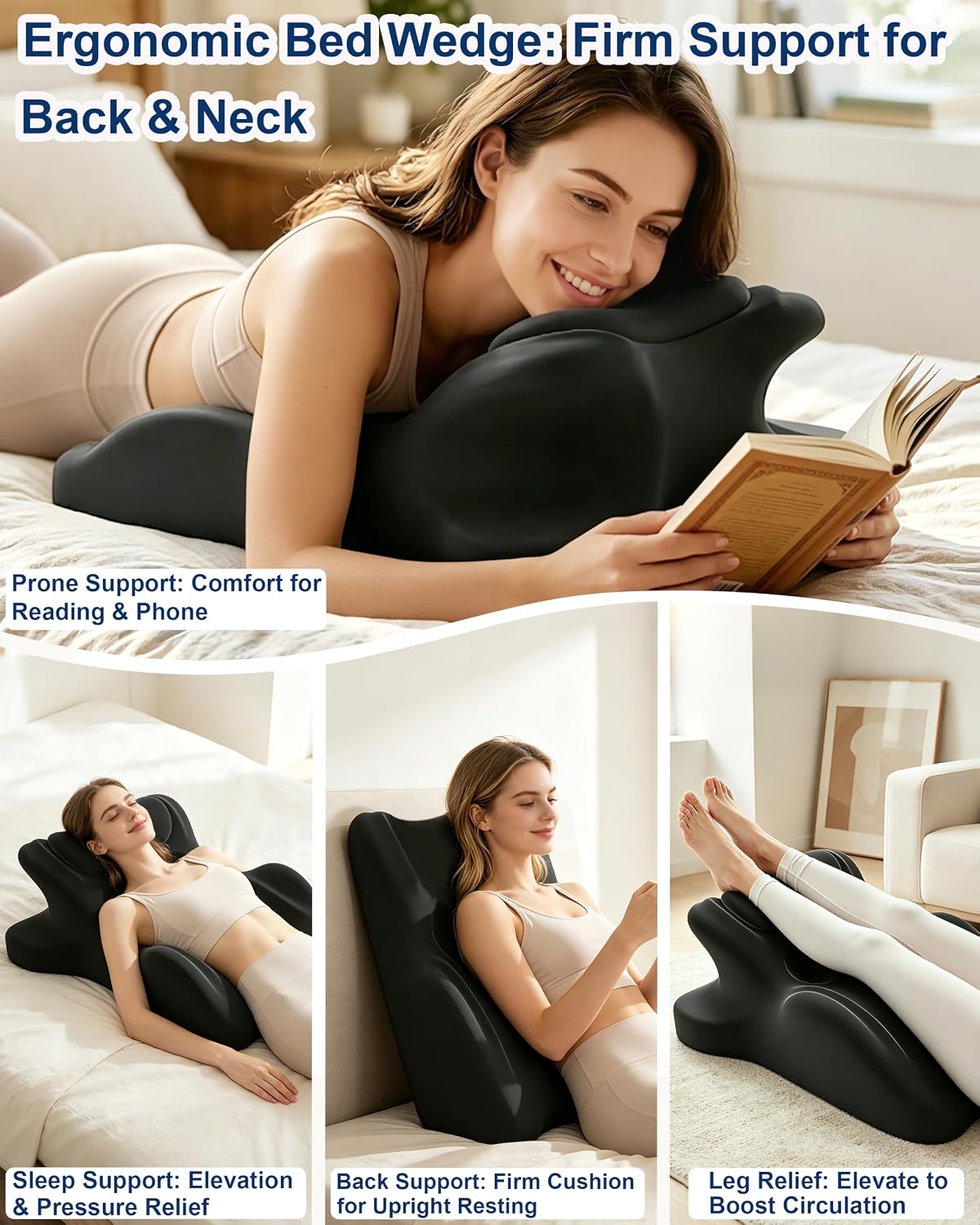 Ergonomic Memory Foam Wedge Pillow, 27° Bed Wedge Support, Black | Reading Reclining Sit Up Support, Upper Body Leg Elevation Comfort, Neck Back Waist Support, Removable Cover, Anti-Slip Base - Image 5