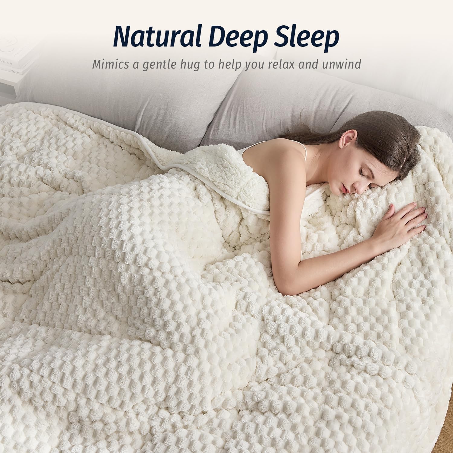 Fleece Weighted Blanket for Adults 60" x 80" 15lbs Fuzzy Blankets White | Soft Queen Size Sherpa Weighted Blankets, 3D Imitation Turtle Shell Warm Jacquard Flannel Heavy Blanket for Couch and Bed - Image 3