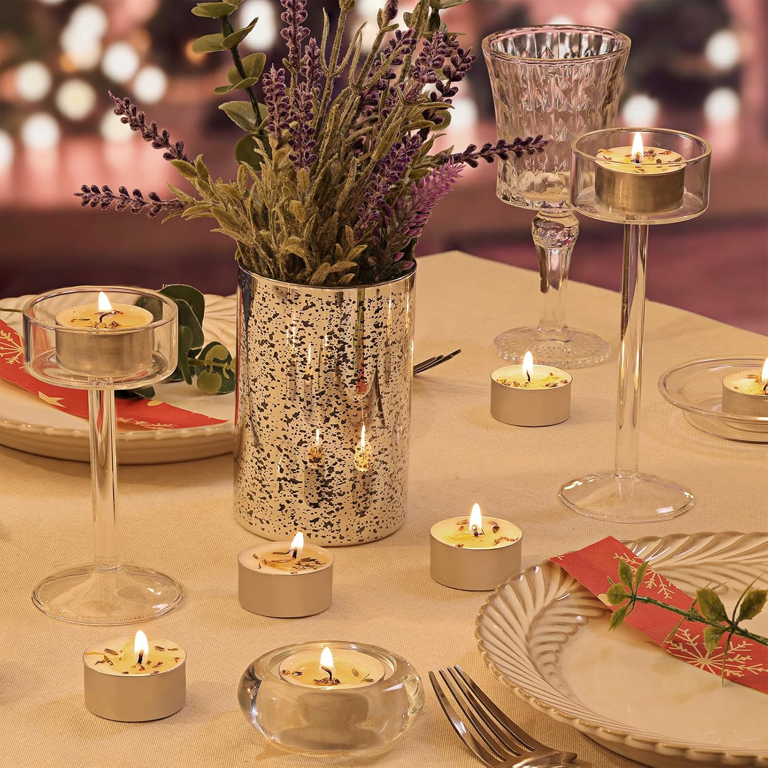 48 Pcs Lavender Scented Tealight Candles, 6H Long Burning - 100% Palm Wax Based Scented Tea Lights with Dried Flowers, Non-Toxic/Smokeless Scent Tea Lights Candles Bulk for Spa, Bath, Wedding - Image 7