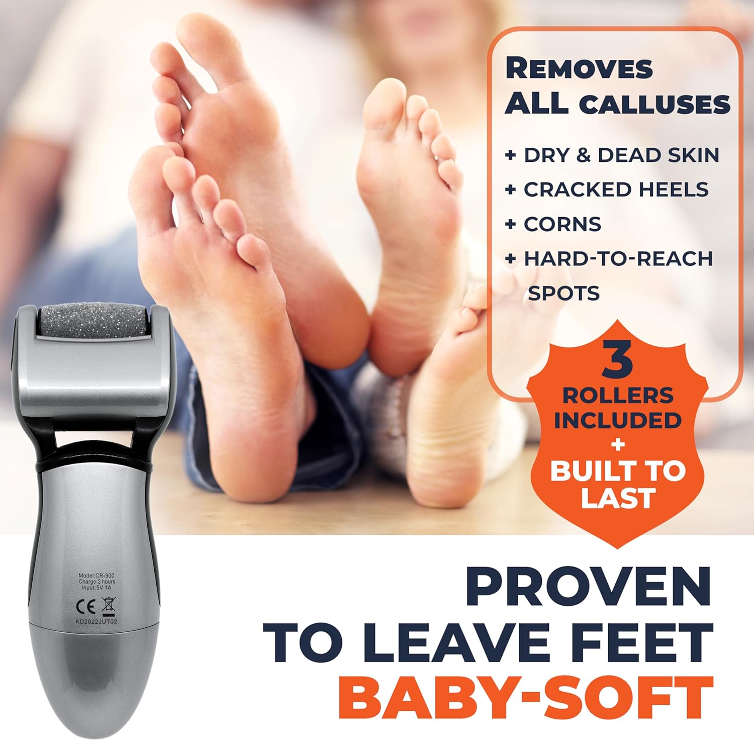 Own Harmony Electric Callus Remover - Rechargeable Foot File Pedicure Tool | Professional Foot Callus Grinder, Cordless, 3 Rollers, USB Cable, Water-Resistant, for Cracked Heels and Dry, Hard, Dead Skin - Image 3