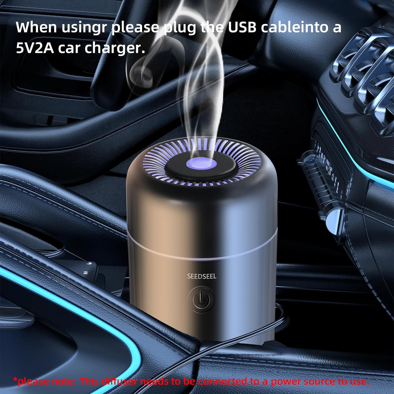 SEEDSEEL Car Aromatherapy Diffusers for Essential Oils,Mini USB Air Scent Small Humidifier with 7-LED Color Changing for Car Room Home Office Bedroom - Image 3