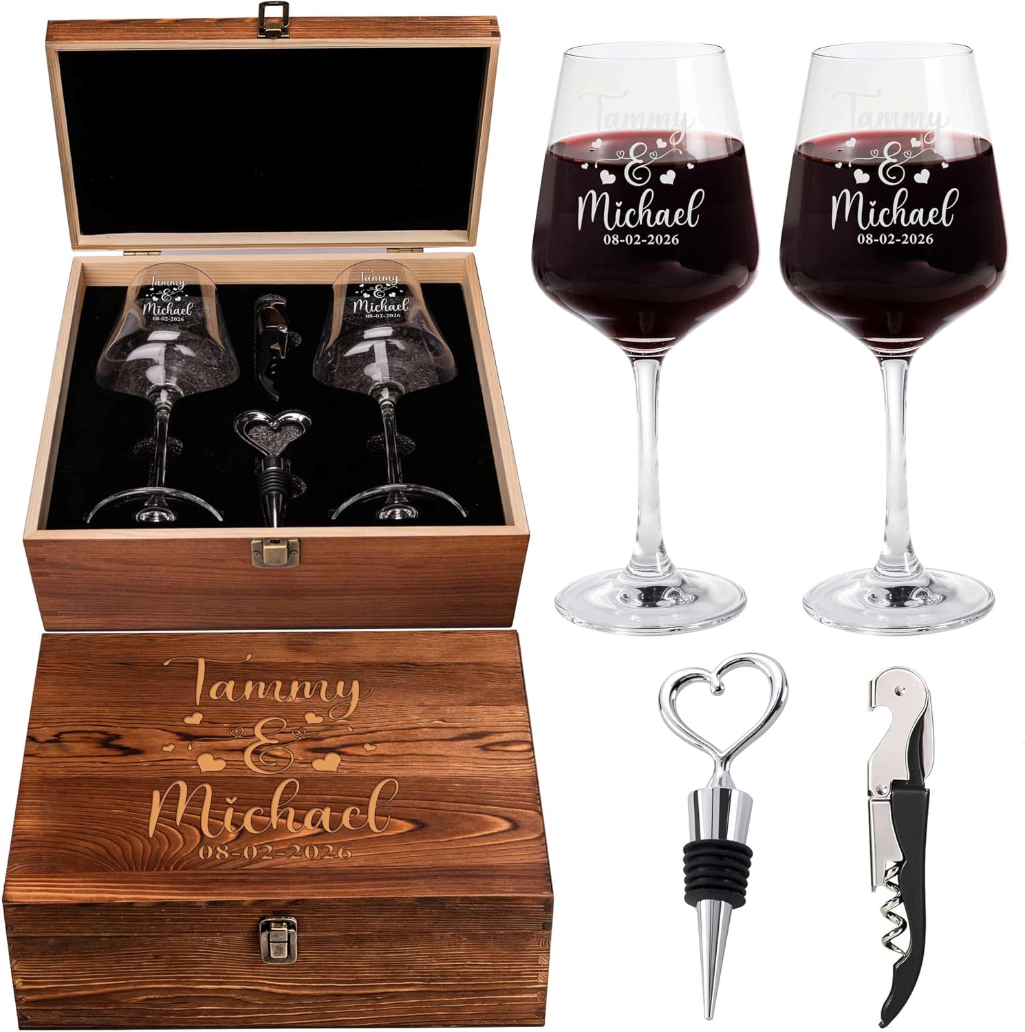 Custom Couples Wine Glasses Set Of 2, Engraved Names Date Hearts, Wood Box | Bride And Groom Wine Glasses, Wedding Gift, Anniversary, Engagement Present, Newlywed Couple, His And Hers Set