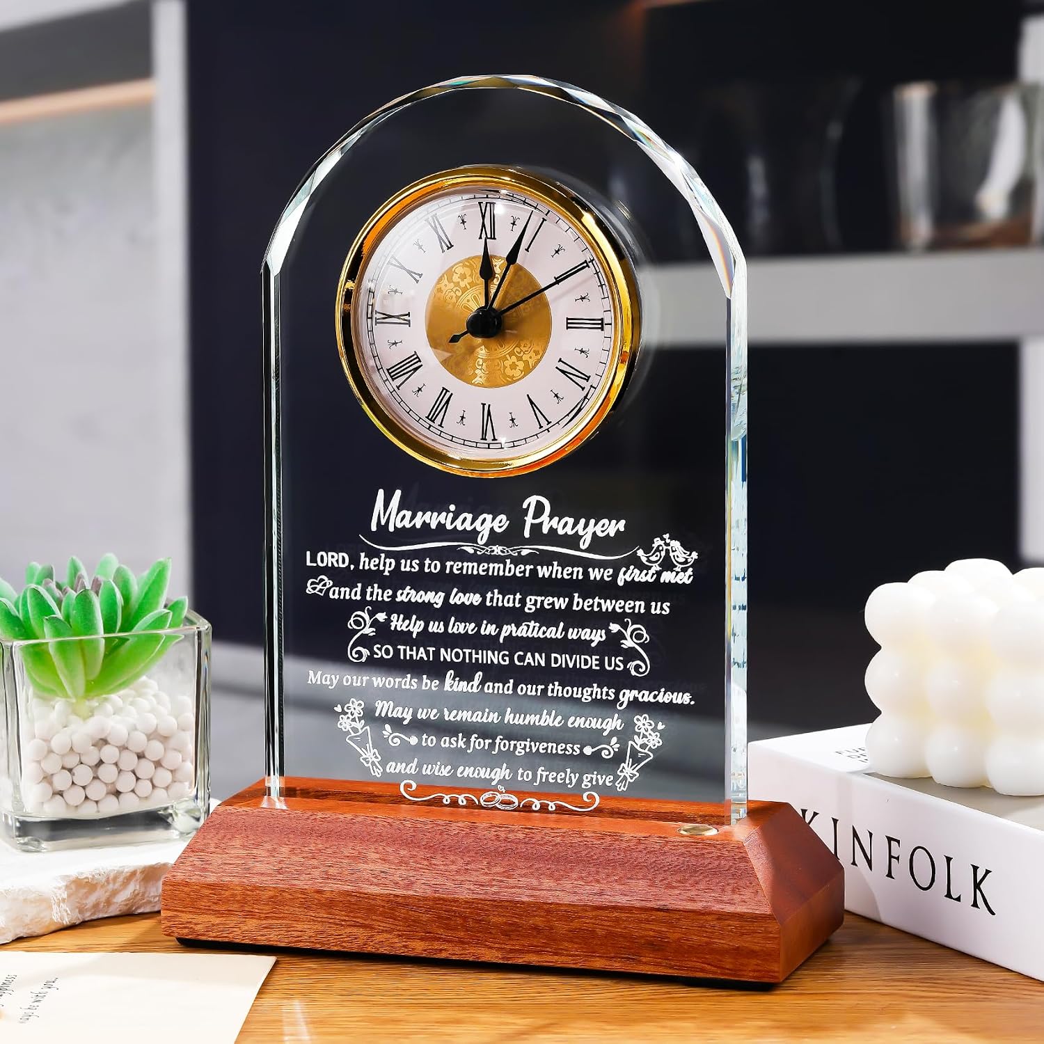 Arikyrist Glass Clock Wedding Gifts for Couples 2026 Newlyweds Gift Idea | Happy Anniversary, Marriage Prayer with Inspiring Quotes, Unique Mr and Mrs Engagement Presents, with Wooden Light Base - Image 5