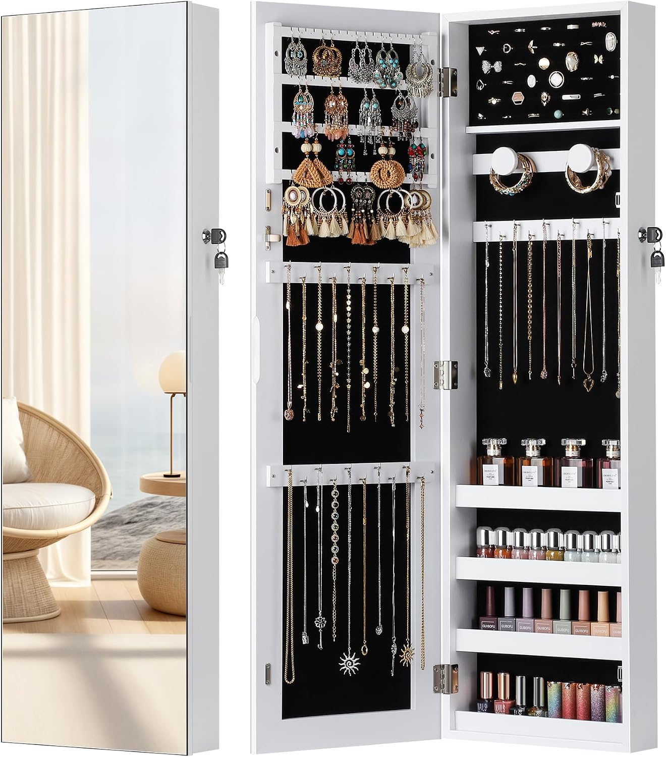 Hanging Jewelry Cabinet, Jewelry Organizers and Storage, White | Lockable Jewelry Armoire Organizer, Over the Door Mirror with Jewelry Storage, Full Length, Gift Idea, Easy Assembly