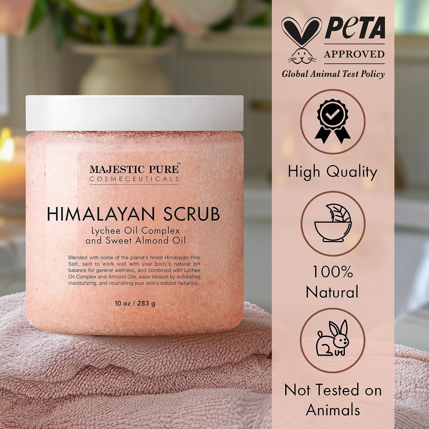 Majestic Pure Himalayan Salt Body Scrub, Lychee Oil Exfoliant, 10 Oz | Buffs away dead skin for a smooth, radiant glow; hydrating spa polish for head-to-toe softness on all skin types. - Image 4