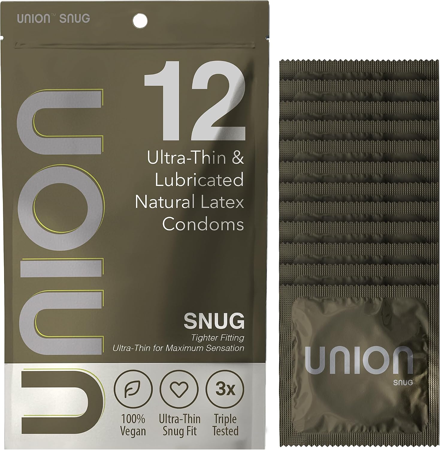 UNION SNUG Condoms - Ultra-Thin Natural Latex - Small Size 49mm, 12 Count | Fragrance-Free, Lightly Lubricated, Body-Friendly, Vegan Condoms, Extra Tight and Secure Fit for Comfort and Natural Feel