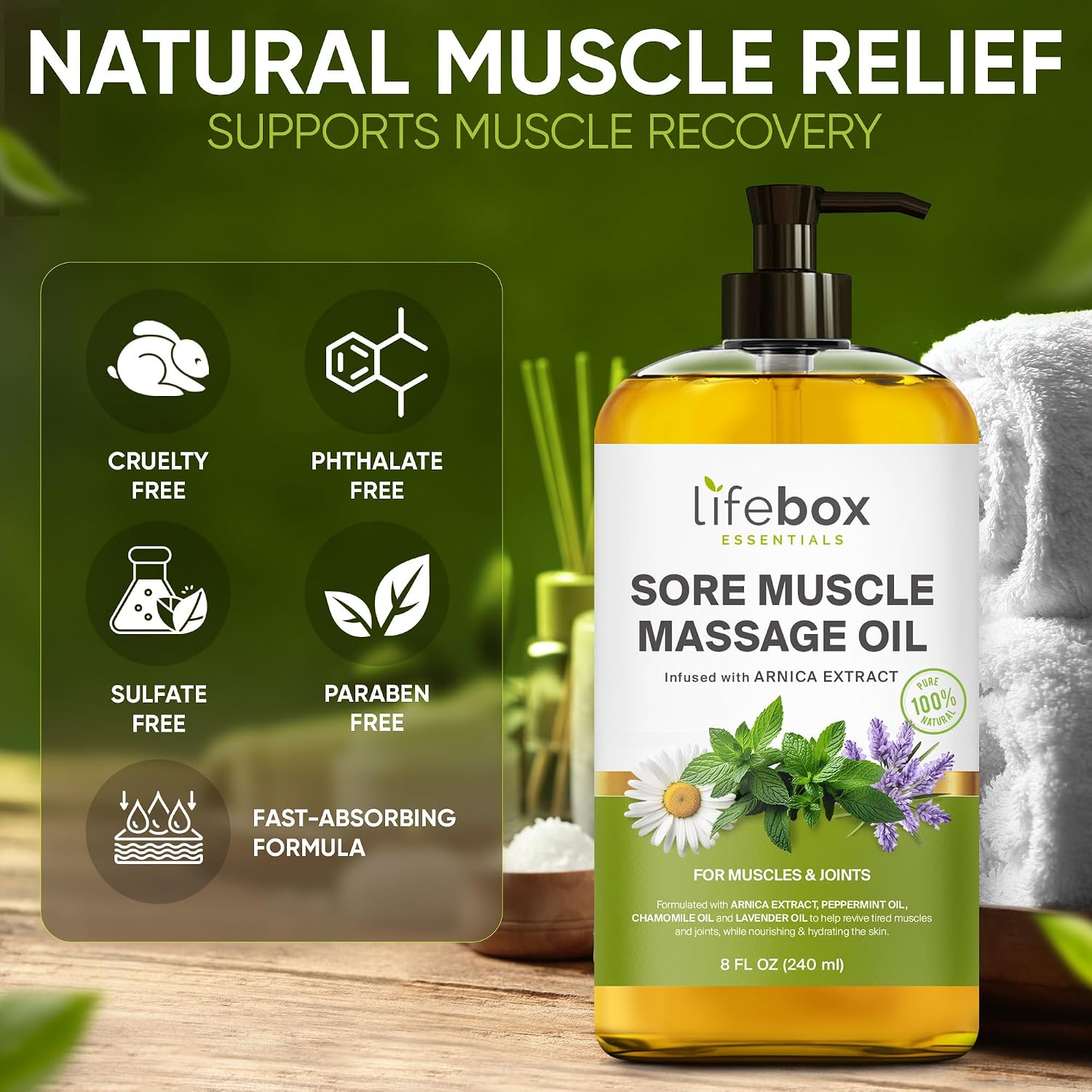 Arnica Sore Muscle Massage Oil – 100% Pure & Natural - Massage Therapy for Muscles & Joints – Body Oil Infused with Arnica Extract, Lavender Oil, Peppermint Oil & Chamomile Oil – 8 FL OZ - Image 7