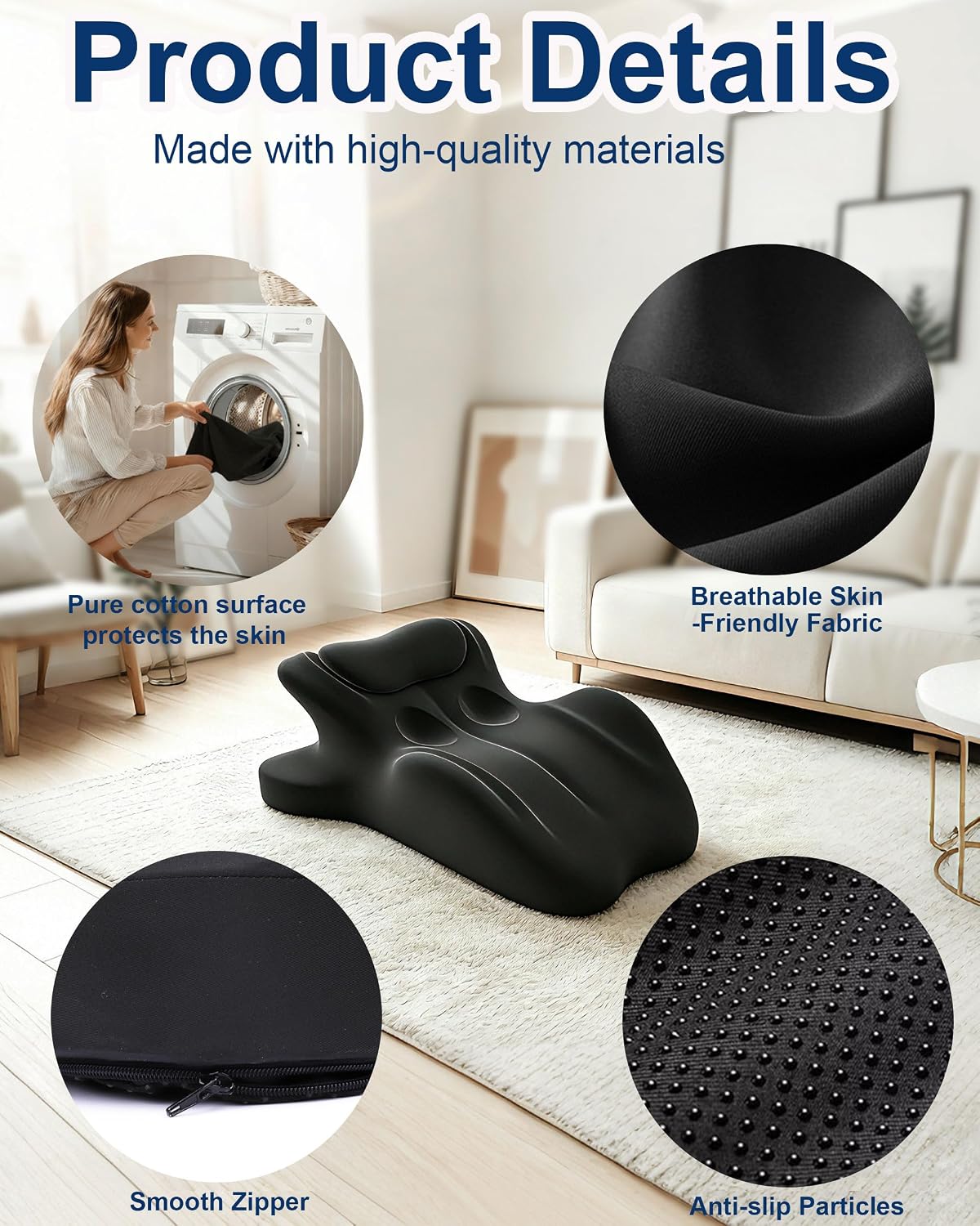 Ergonomic Memory Foam Wedge Pillow, 27° Bed Wedge Support, Black | Reading Reclining Sit Up Support, Upper Body Leg Elevation Comfort, Neck Back Waist Support, Removable Cover, Anti-Slip Base - Image 7
