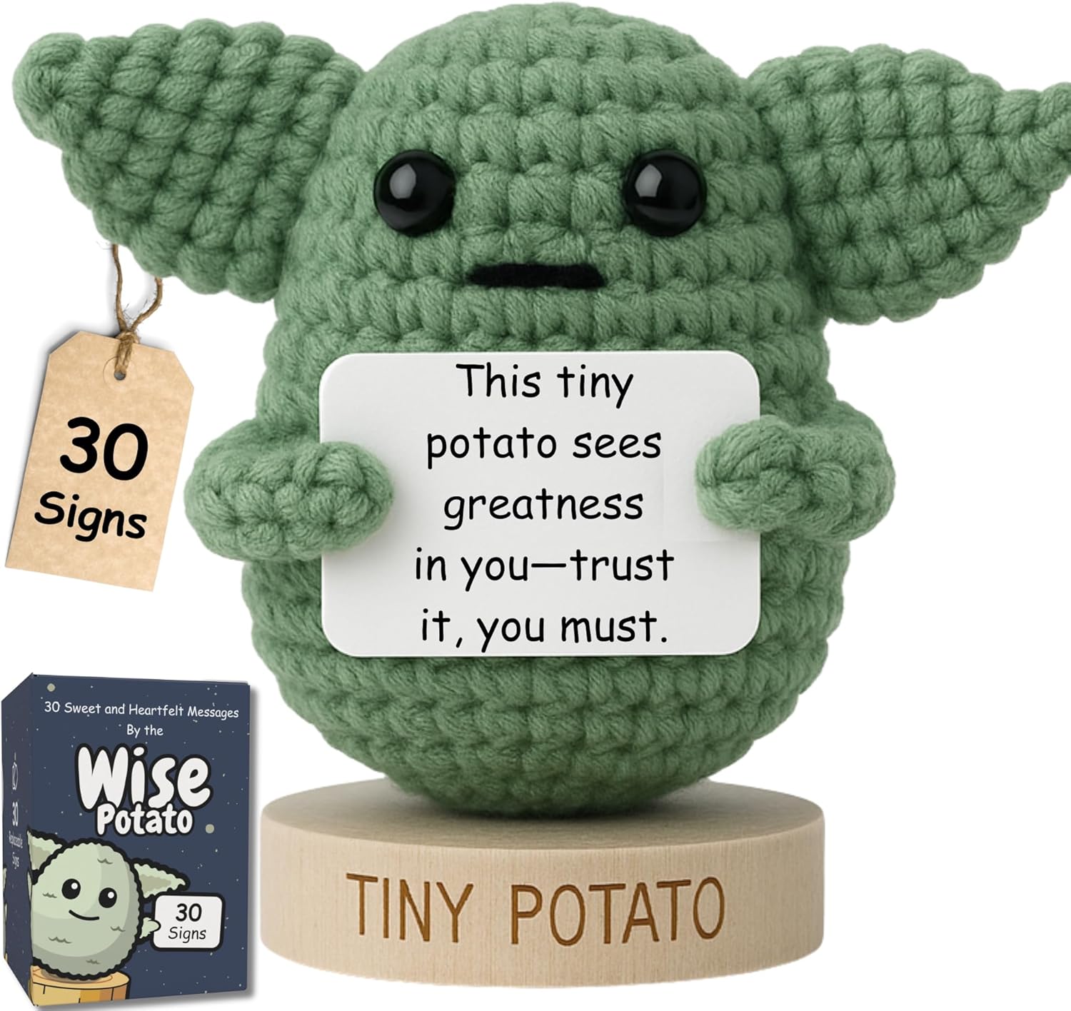 Star Wars Gifts | Handmade Baby Yoda Positive Crochet W/ 30 Fun Affirmations | Gift for Birthday, Emotional Support | Starwars Birthday Decorations for Men, Women | Star Wars Office Desk Decor