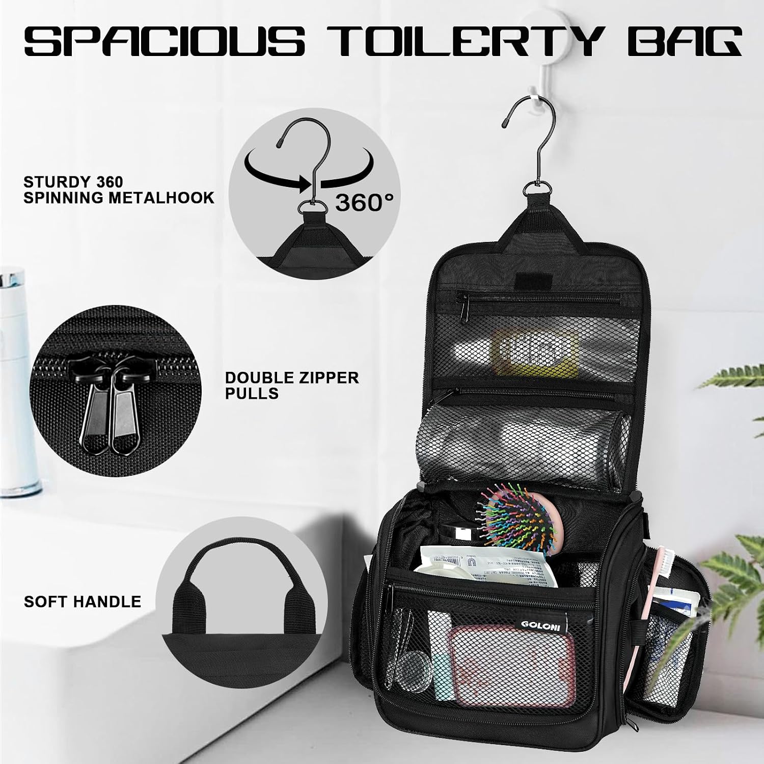 Hanging Toiletry Bag, 10 Compartments Water-Resistant Makeup Bag with 360° Spinning Metal Hook, Large Travel Cosmetic Organizer for Men & Women, Black (7.05oz) - Image 4