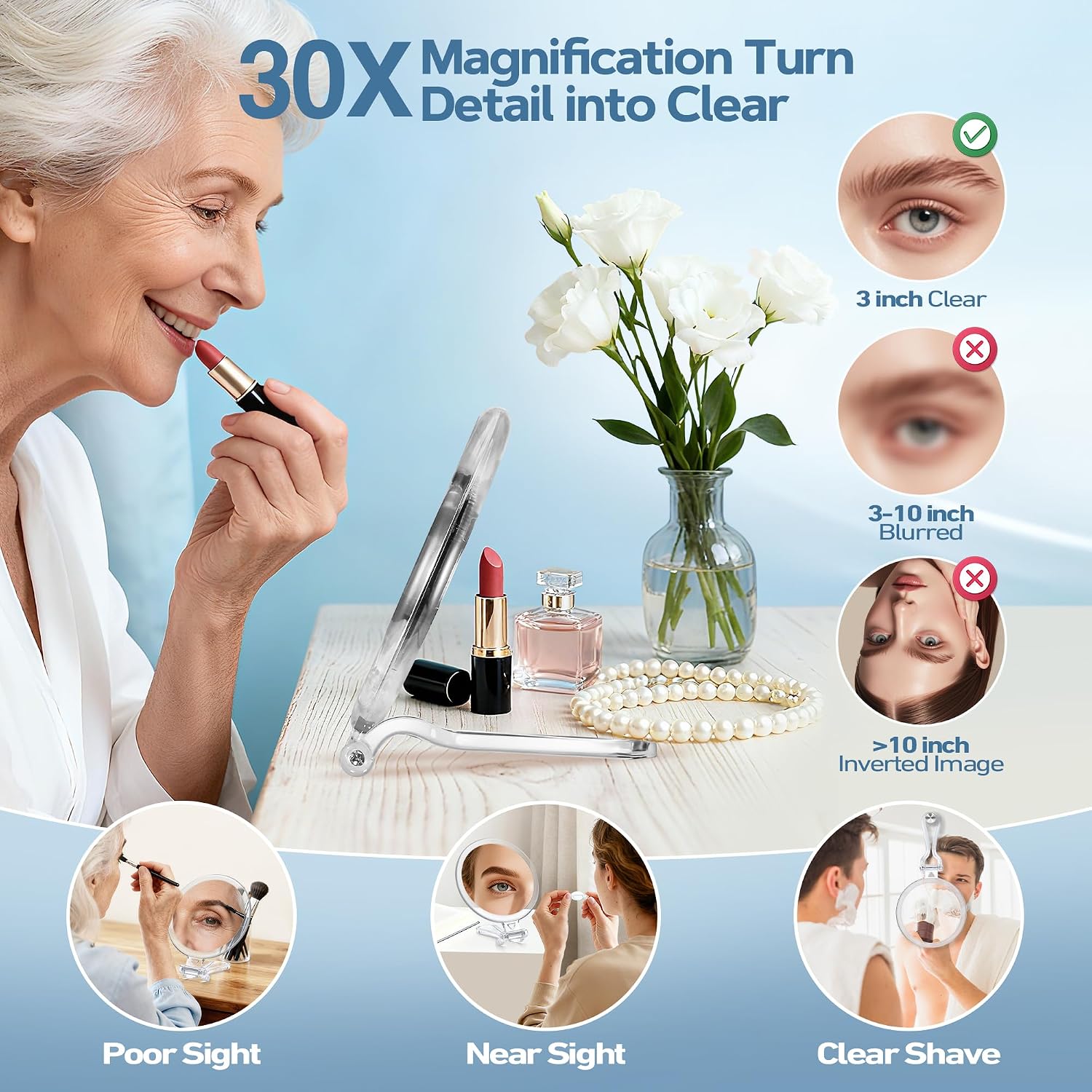 30X Magnifying Mirror for Travel with Handle, Double-Sided 1X/30X Magnification Hand Mirror for Makeup,Travel Mirror for Desk 5 Inches - Image 4