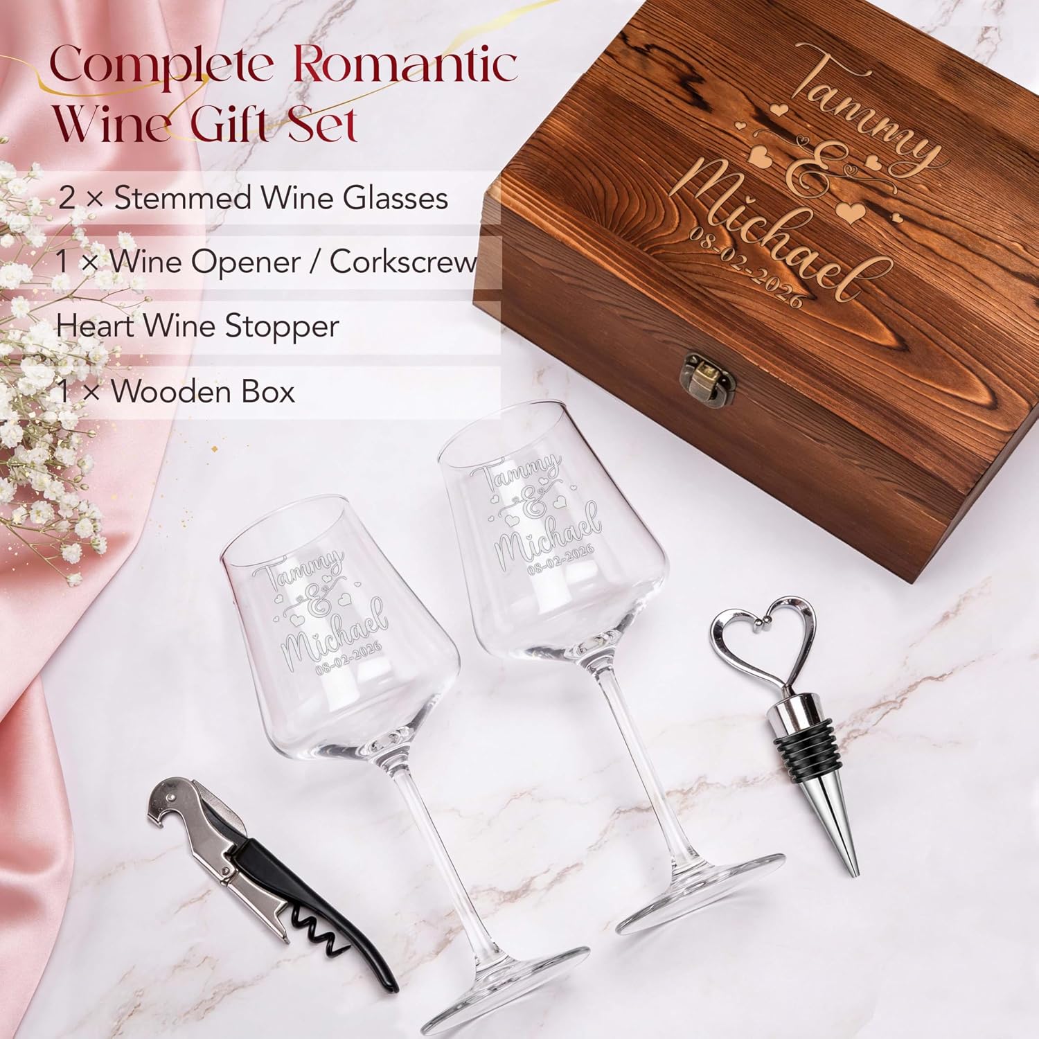 Custom Couples Wine Glasses Set Of 2, Engraved Names Date Hearts, Wood Box | Bride And Groom Wine Glasses, Wedding Gift, Anniversary, Engagement Present, Newlywed Couple, His And Hers Set - Image 2