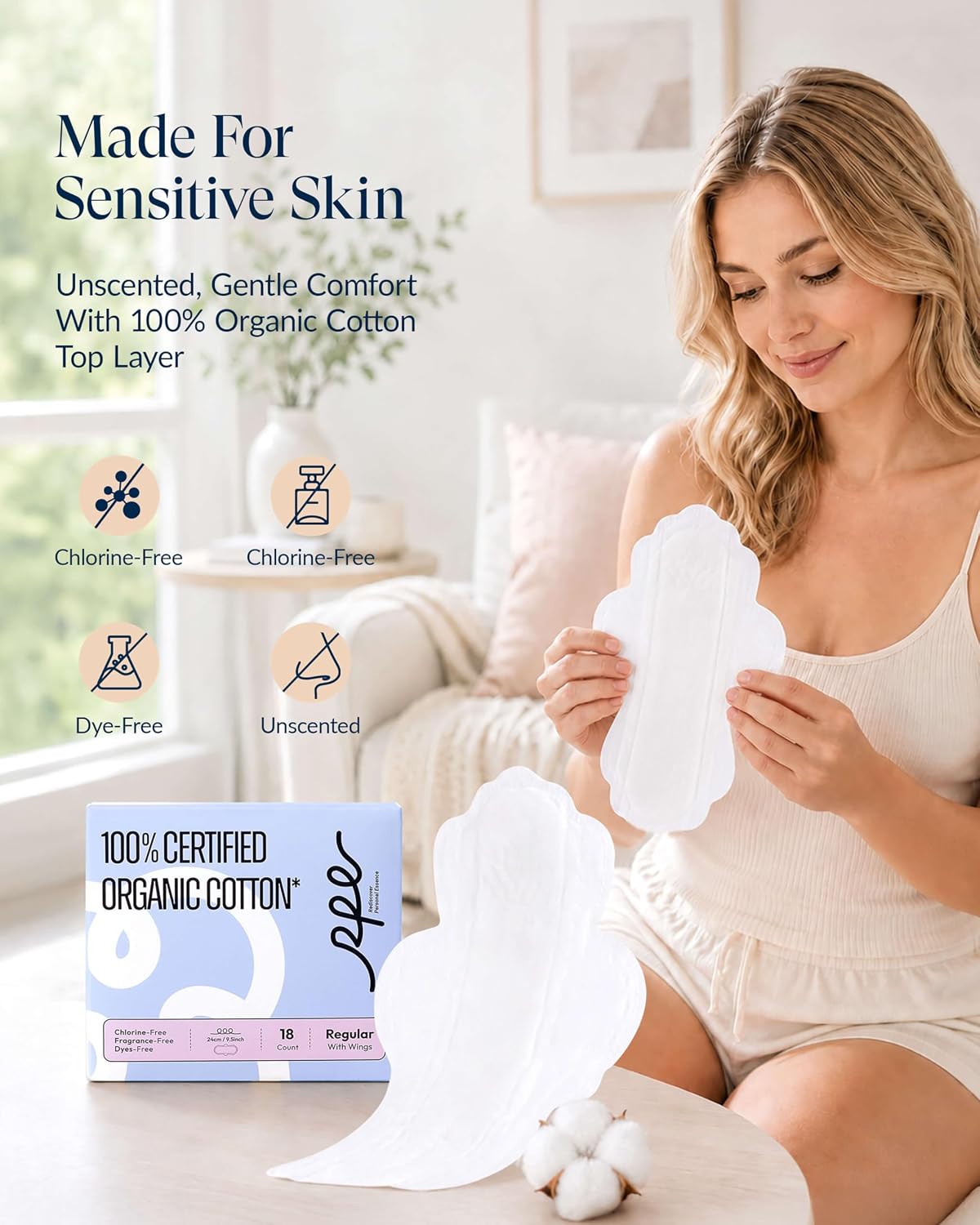 RPE Life 100% GOTS Organic Cotton Menstrual Pads with Wings, 54 Count | Bulk pack menstrual pads with wings breathable ultra thin comfort and reliable leak protection for sensitive skin - Image 4