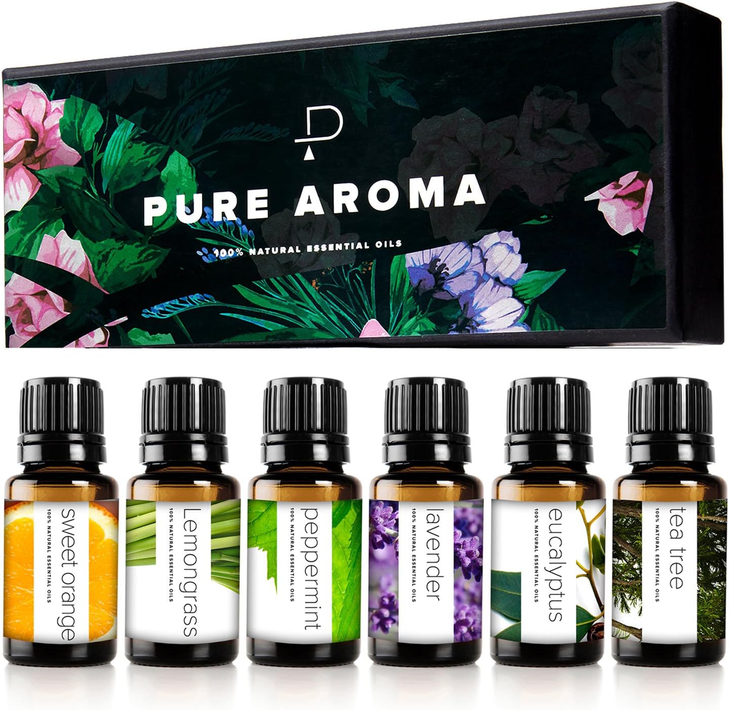 Essential Oils Set by Pure Aroma - Top 6 Aromatherapy Oils Gift Set-6 Pack, 10ml (Eucalyptus, Lavender, Lemongrass, Sweet Orange, Peppermint, Tea Tree)