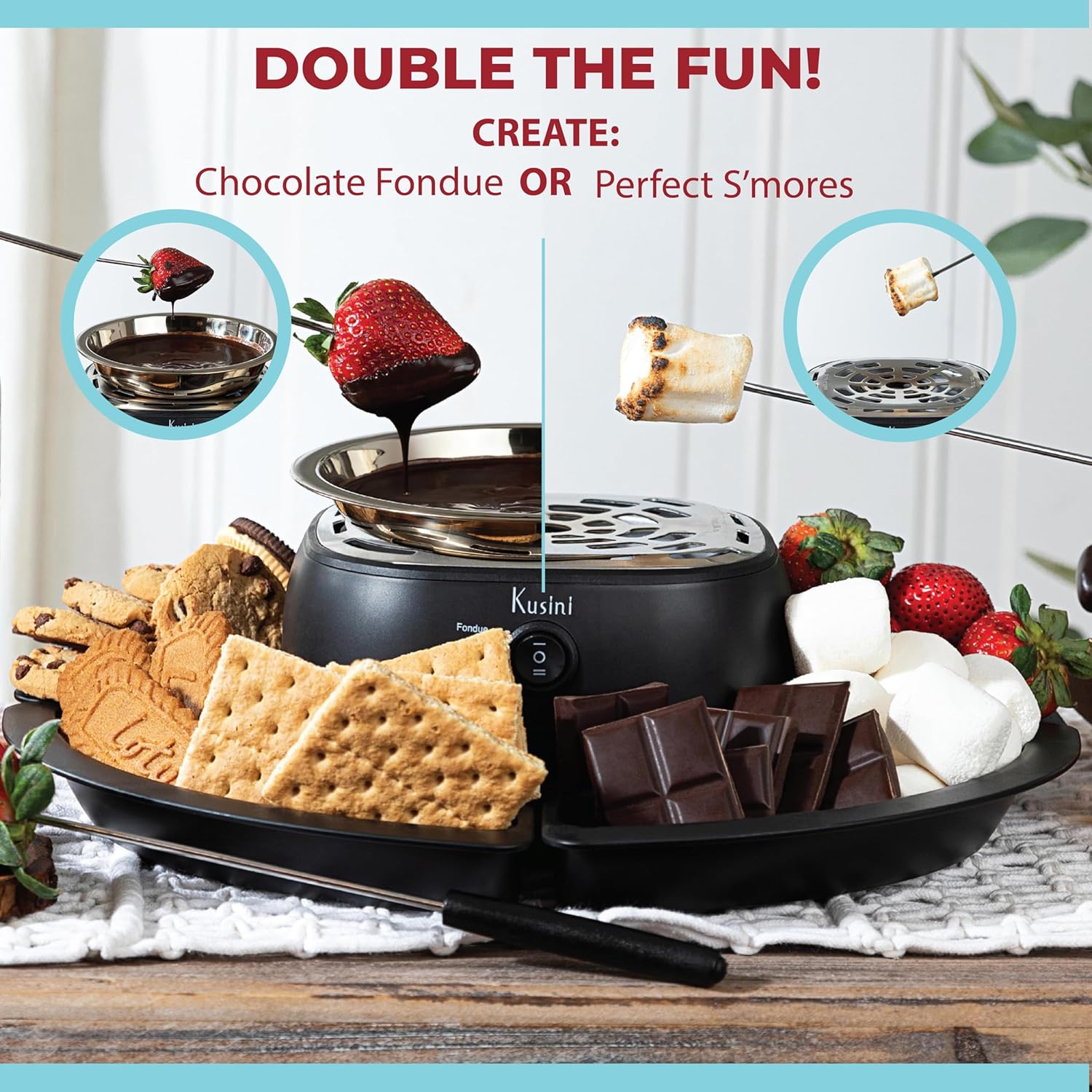 Kusini 2 in 1 Electric Fondue Set & Smores Maker Tabletop Indoor Kit with Removable Trays & 4 Skewers – Smores Station Chocolate Melting Pot - Unique Couple Gift Set Idea, Date & Movie Night Supplies - Image 2