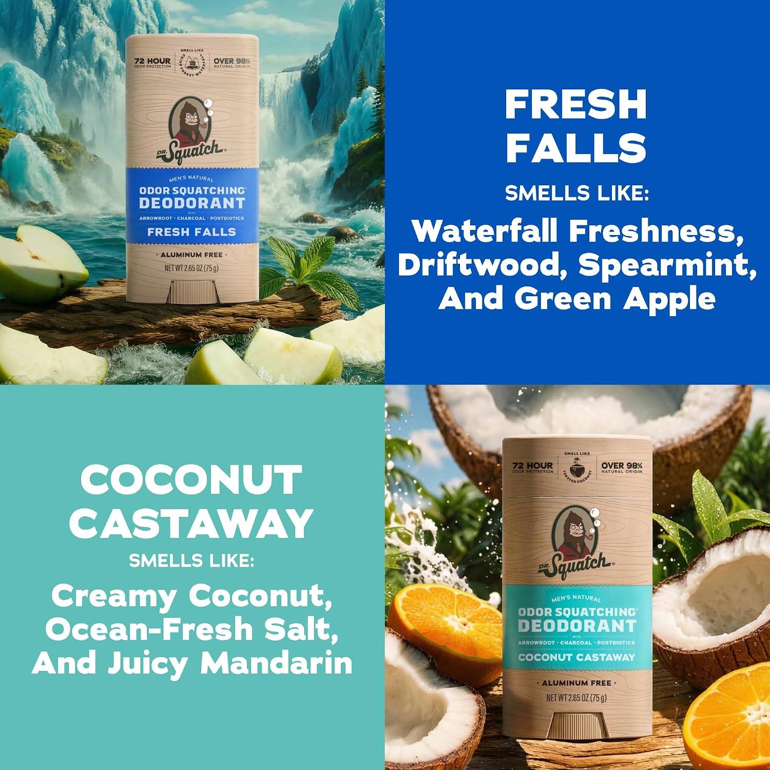 Dr. Squatch Natural Men’s Deodorant – Aluminum Free Natural Deodorant Men with Charcoal & Postbiotics for 72-Hour Odor Protection – Coconut Castaway + Fresh Falls, 2.65oz Stick (2-Pack) - Image 4