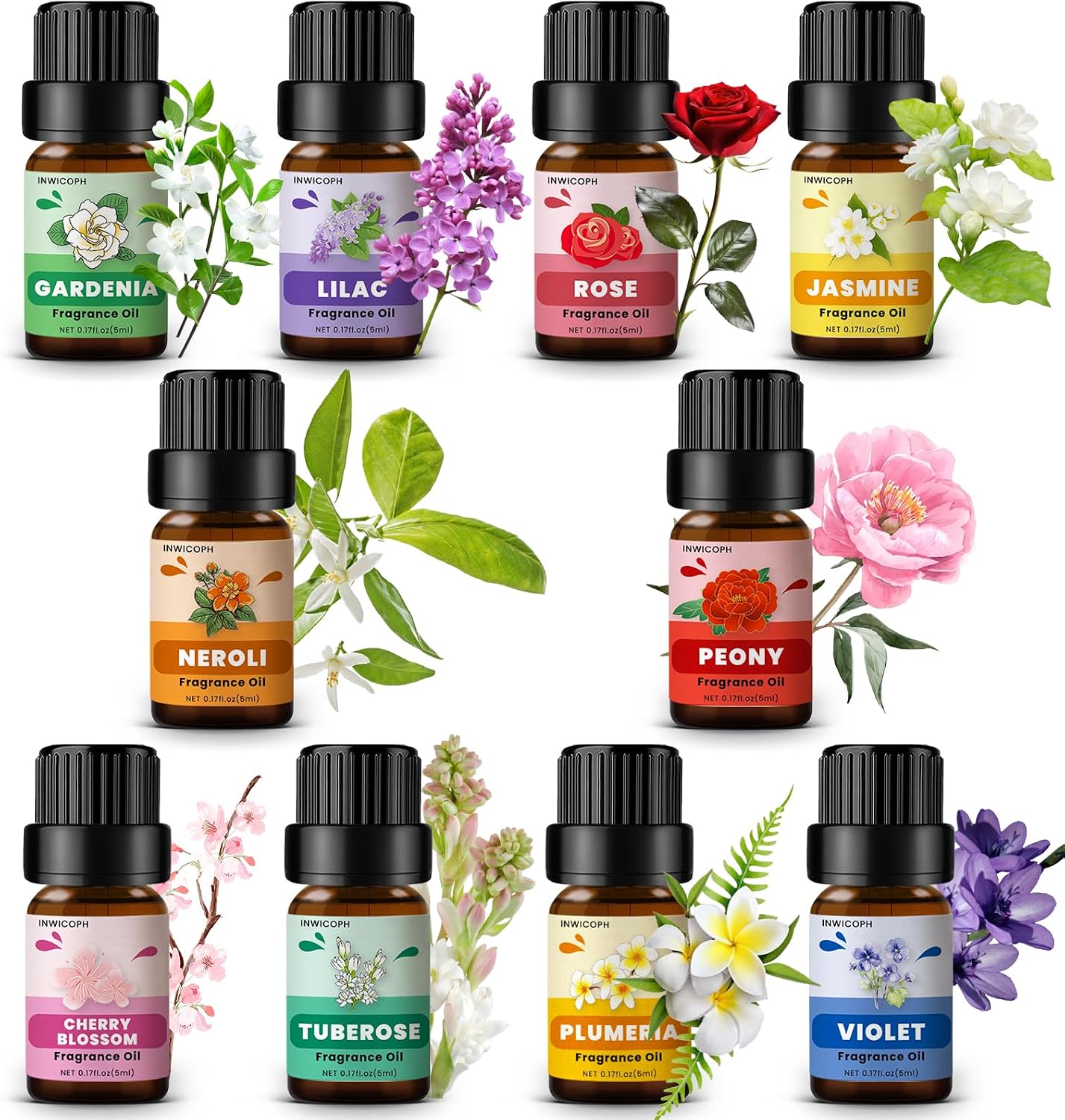 Floral Essential Oils, INWICOPH Flower Fragrance Oil for Candle Making - Rose, Jasmine, Gardenia, Lilac, Plumeria, Peony and More, Aromatherapy Oils for Diffusers for Home - Image 8