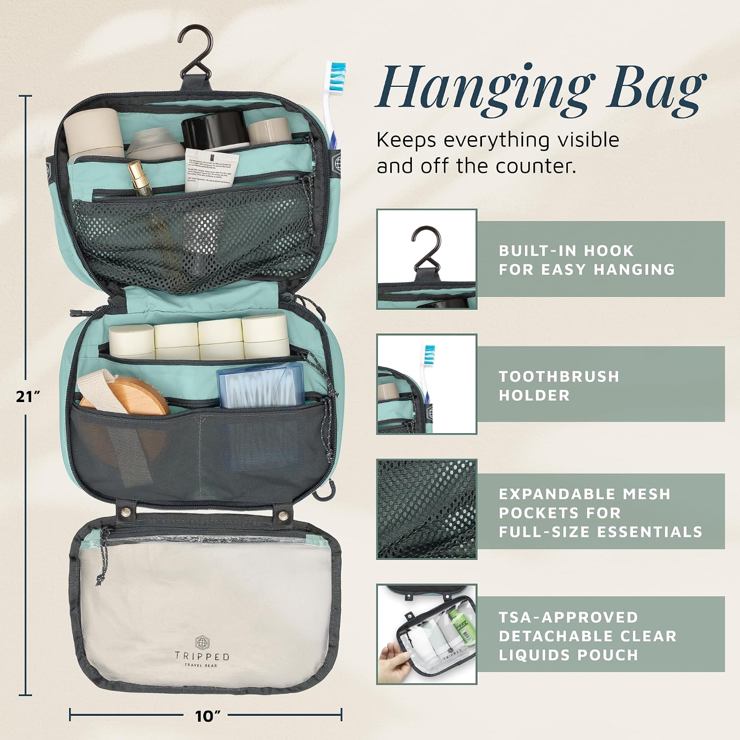 TRIPPED Travel Gear 3-Piece Travel Toiletry Bag Set | Includes Hanging Toiletry Bag, 311 TSA Liquid Bag, and Accessory Organizer Pouch with Lightweight Ripstop Construction - Image 3