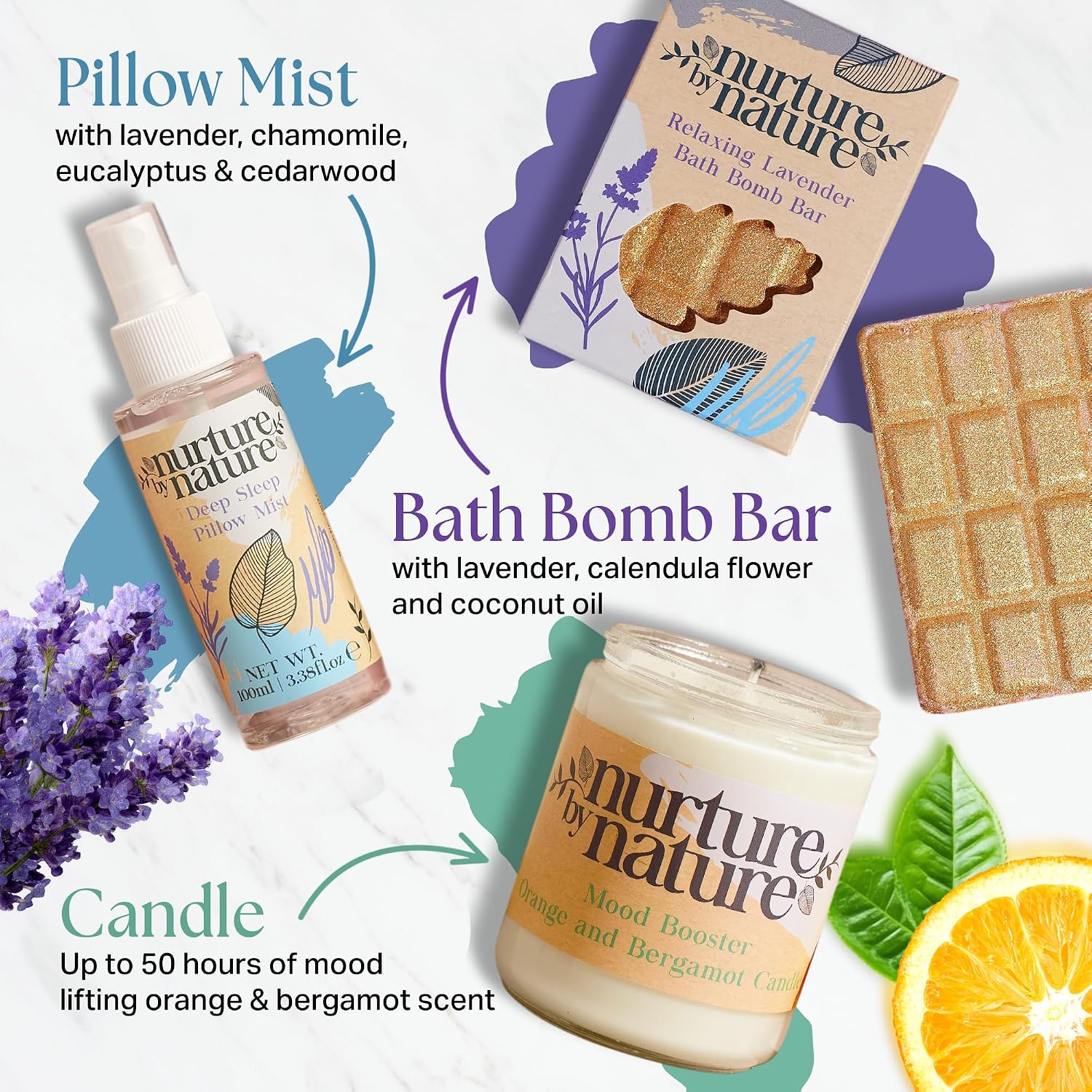 Nurture by Nature Self Care Gifts for Women - Spa Gift Baskets for Women & Relaxation Gifts | At Home Spa Kit | 6 Piece Bath Set with Pillow Spray, Candle, Bath Bomb & Bath Salts - Image 5