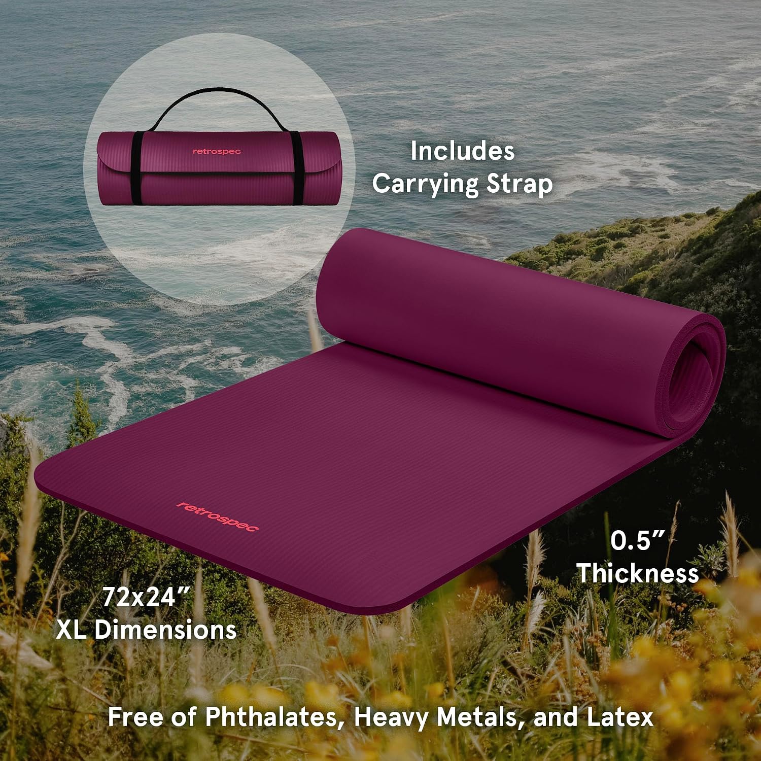 Retrospec Solana Yoga Mat Thick 1/2in Non-Slip Workout Mat with Nylon Strap - 72x24in Exercise Mat for Pilates, Stretching & Fitness - BPA Free, Easy Clean - Image 2