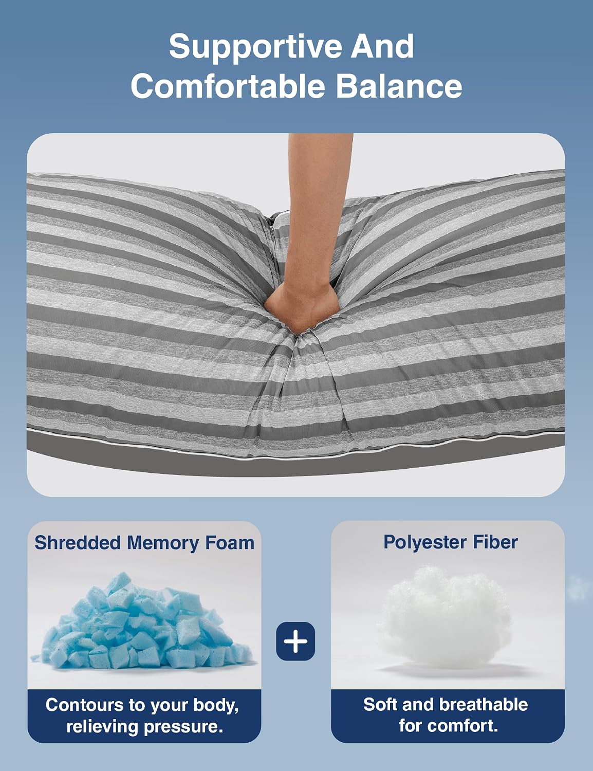 ZonLi Cooling Body Pillow for Adults, Long Pillow with Memory Foam Adjustable, Firm Support Body Pillow for Side Sleeper, Pregnant, Back Pain Relief, Washable Pillowcase, 20x54 inch, Grey - Image 6