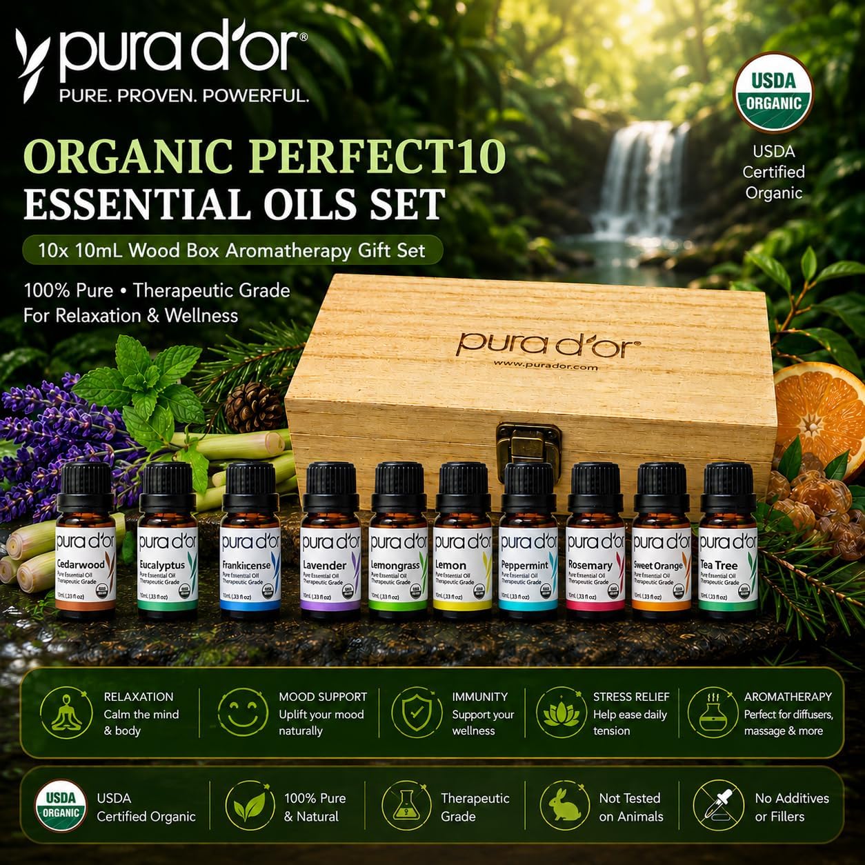 PURA D'OR Organic Perfect10 Essential Oils Aromatherapy Box Set, 10mL x10 | Diffuser Blends, Gift-Ready Wood Case, USDA Certified, 100% Pure, Massage, DIY Beauty, Home Fragrance, Relaxation Routine - Image 2