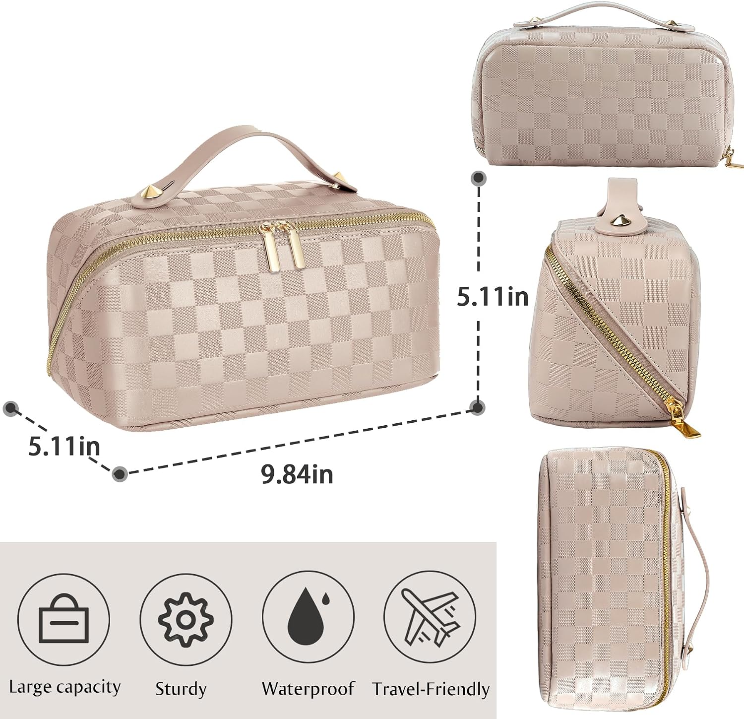 Large Capacity Travel Cosmetic Bag - Open Flat Makeup Bags for Women Waterproof PU Leather Checkered Makeup Organizer Bag,Toiletry Bag for Cosmetics, Portable Make up Bag for Travel Essentials, Khaki - Image 6