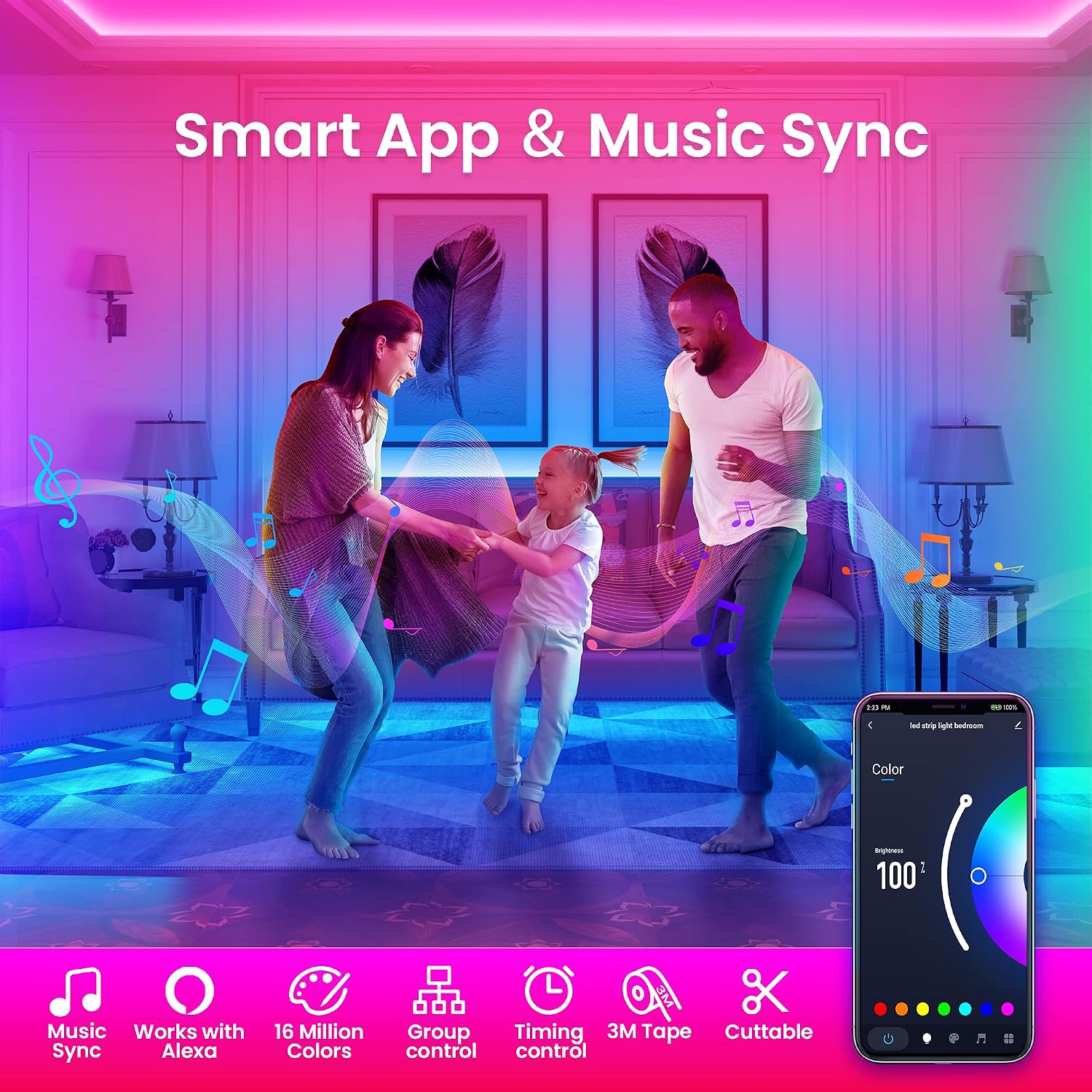 TJOY 50ft Smart Led Strip Lights for Bedroom, Alexa Led Light Strip,5050 RGB Color Changing Music Sync Led Lights Strip with App Remote,Multi-Color Wireless Led Lights for Bedroom (APP+Remote+Voice) | Music Sync, RGB Color Changing Lights for Room Decor(APP+Remote+Voice control) - Image 2