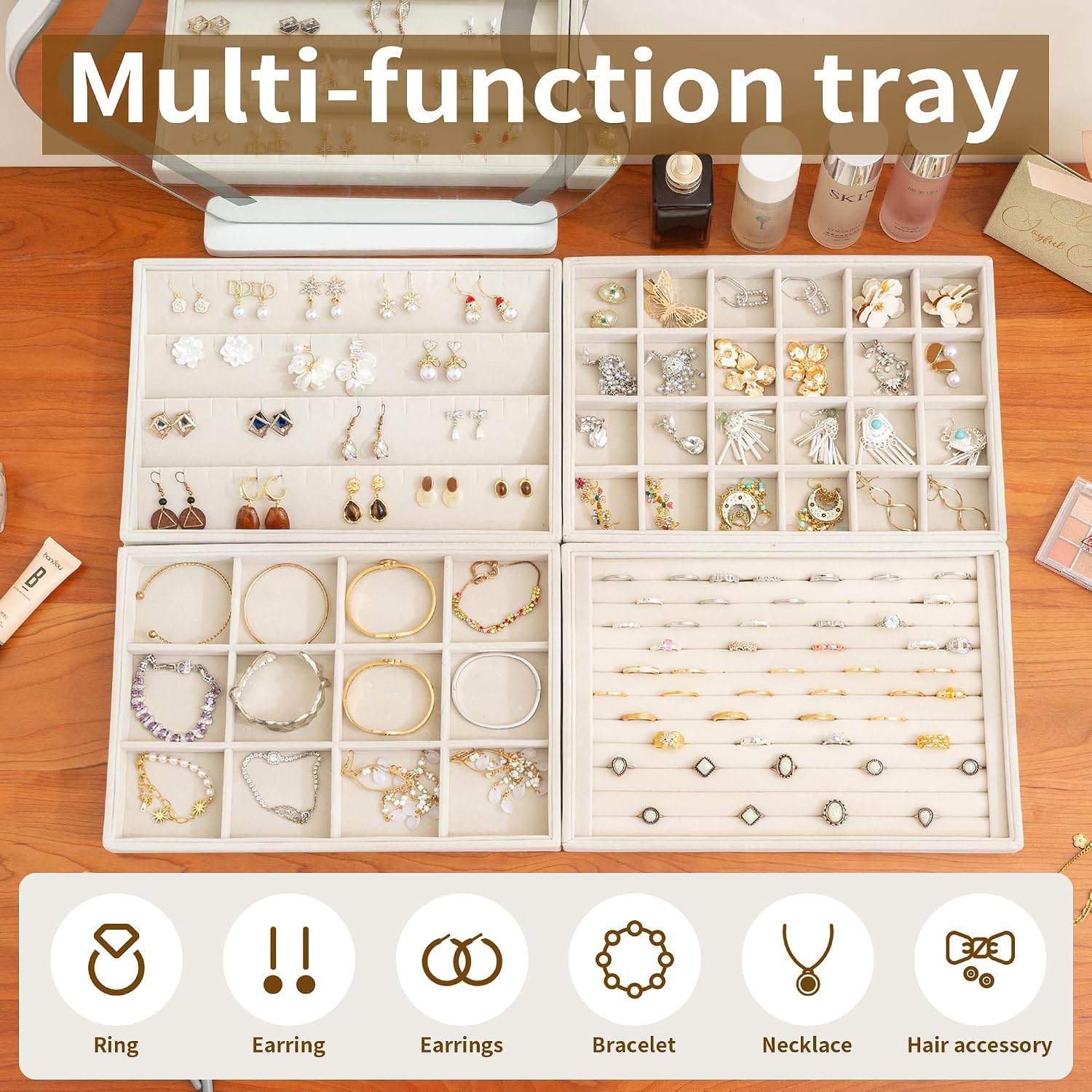 Jewelry Trays for Drawer,Set of 2 Jewelry Organizer and Storage | Velvet Material,Stackable,Adjustable Dividers,Drawer Inserts for Rings Studs Bracelet,Earring Organizer for Women Girls - Image 5