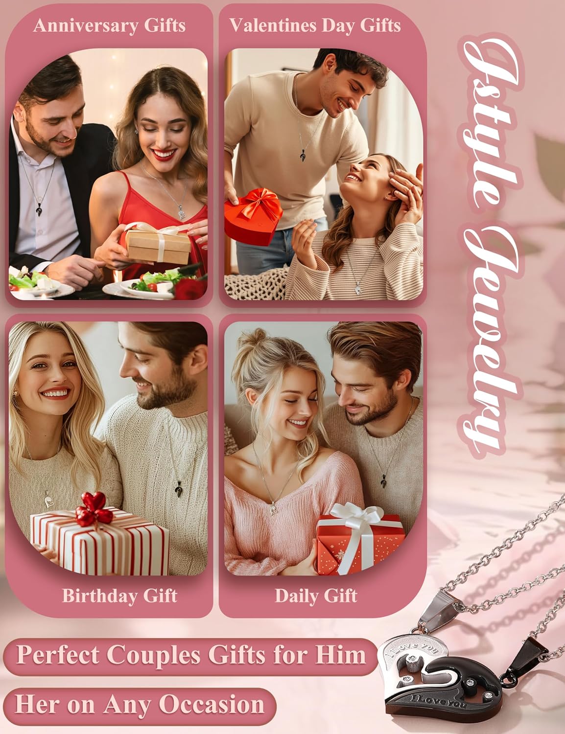 Jstyle 4Pcs Couples Jewelry Set, Matching Necklace Bracelet for Him and Her | Stainless Steel Heart Pendant Necklaces, His Queen /Her King Link Bracelets, Couples Jewelry Set, Valentine's Day Gifts - Image 6