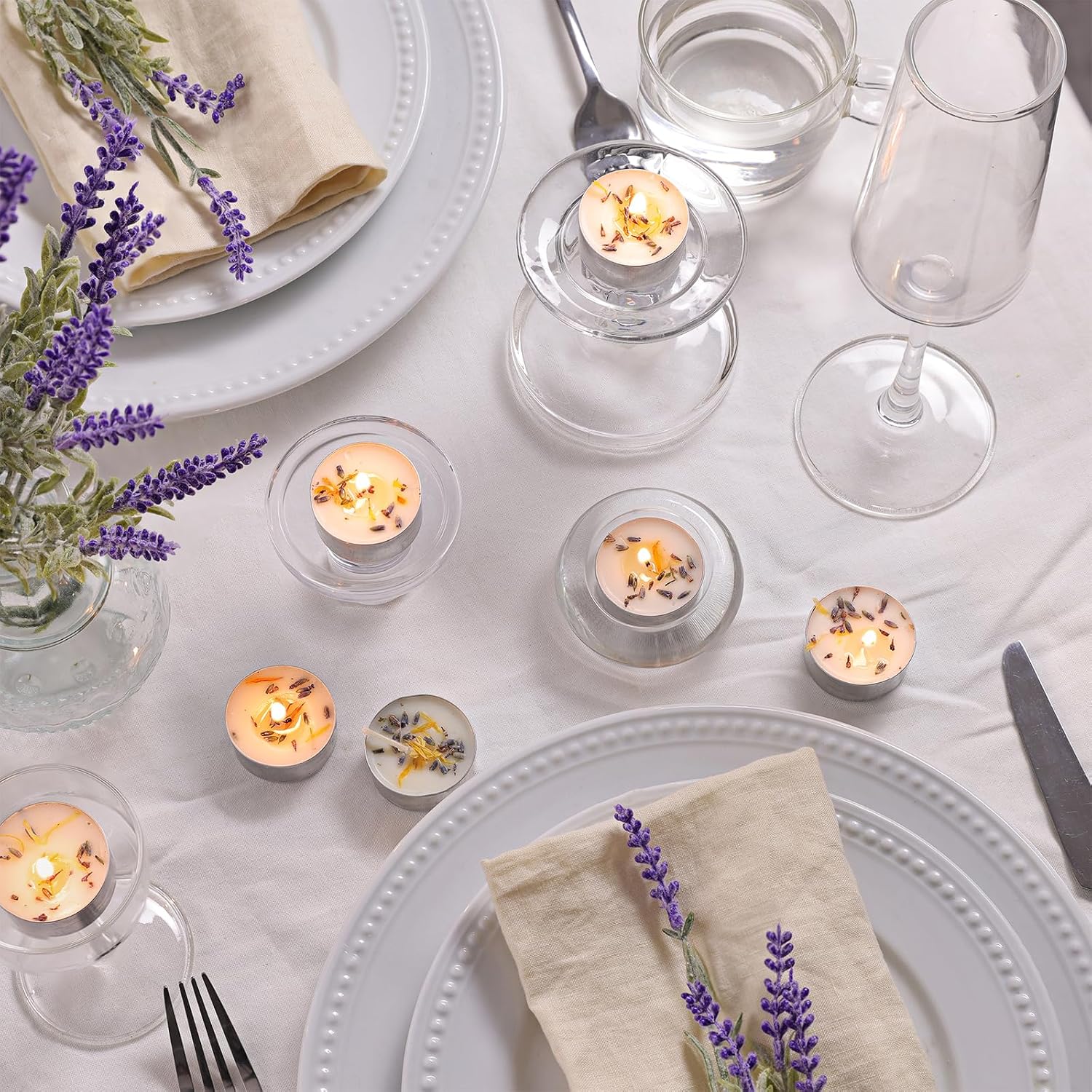 48 Pcs Lavender Scented Tealight Candles, 6H Long Burning - 100% Palm Wax Based Scented Tea Lights with Dried Flowers, Non-Toxic/Smokeless Scent Tea Lights Candles Bulk for Spa, Bath, Wedding - Image 5