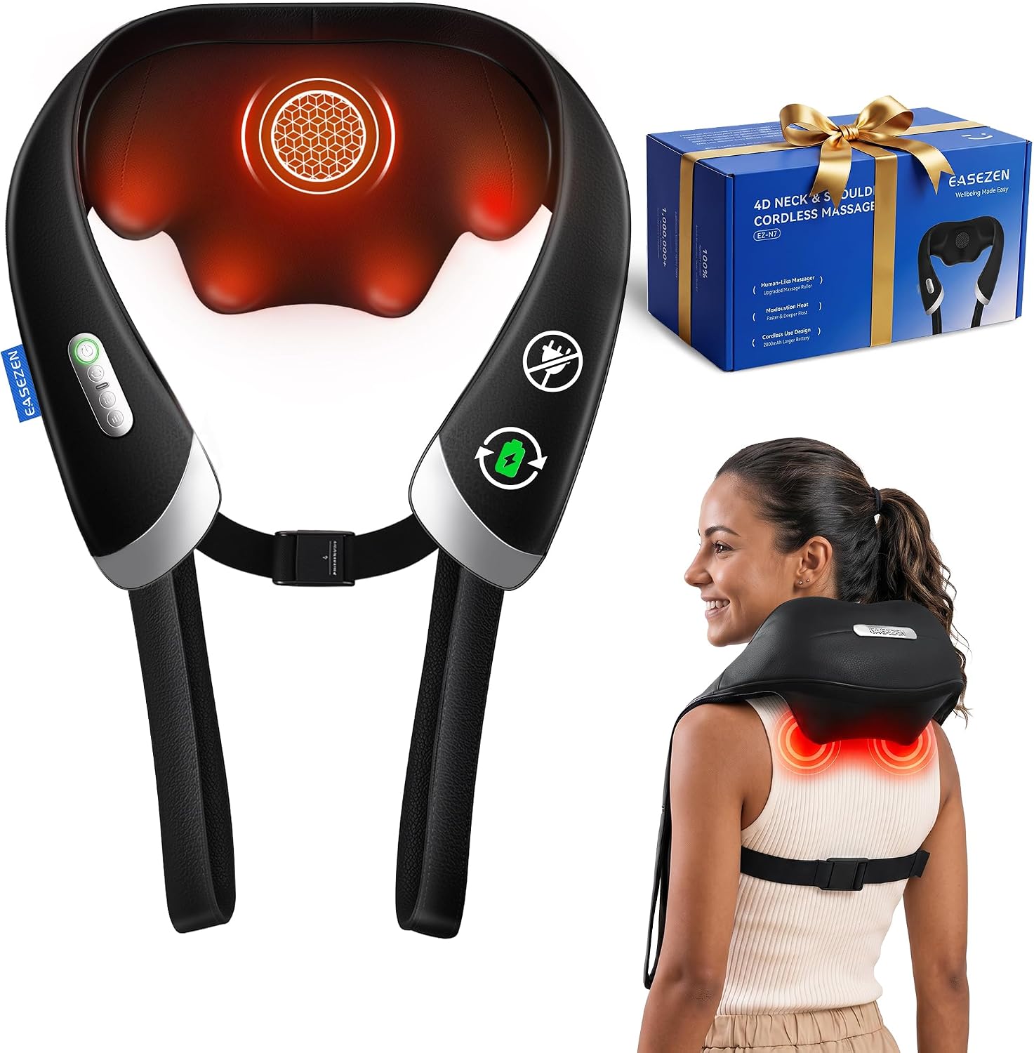 EaseZen Cordless Neck Massager with Heat for Pain Relief Deep Tissue | 4D Shiatsu Deep Kneading Neck and Shoulder Massager for Back & Waist, Portable & Rechargeable, Home Office Travel Use