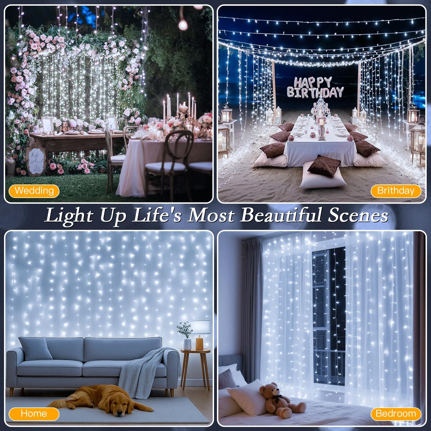 300 LED Cool White Curtain String Lights 9.8x9.8FT Plug in Fairy Lights with 9 Hooks Dimmable Timer & 8 Modes IP44 Waterproof Bedroom Office Wall Wedding Backdrop Christmas Indoor Outdoor Decor - Image 3