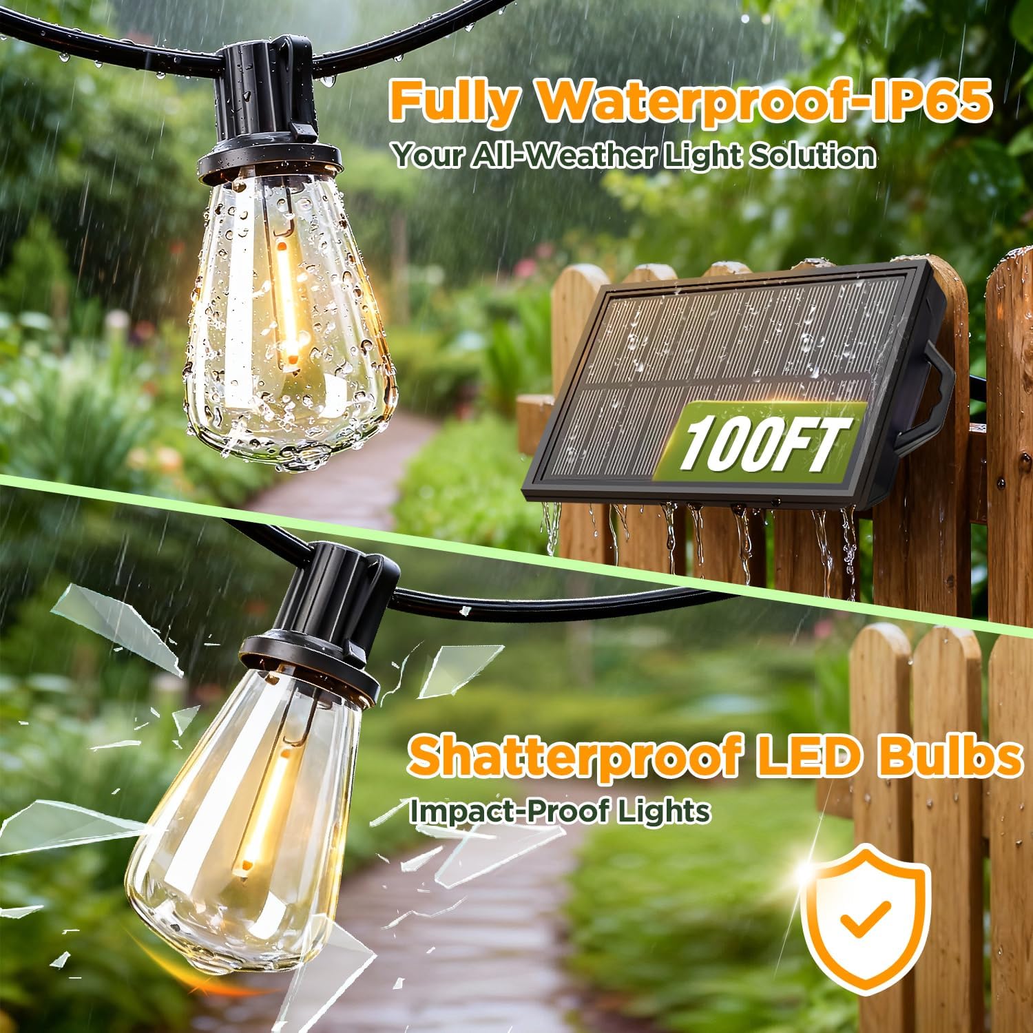 100FT Solar String Lights Outdoor Waterproof with Remote & Timer, LED Shatterproof ST38 Bulbs, USB & Solar Powered Patio Lights for Backyard, Porch, Garden, Wedding Decor, Dusk to Dawn Lighting - Image 4