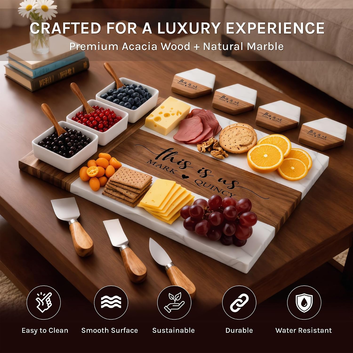 Personalized Charcuterie Board Set - Custom Engraved Wooden Marble Cheese Board with Knife Set - Best Wedding Gift for Couples, Bridal Shower, Engagement, Anniversary, Housewarming & Gift for Parents - Image 5