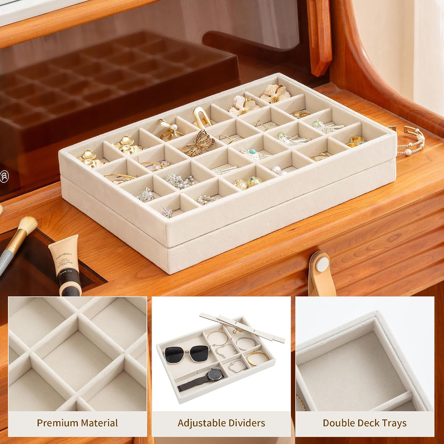 Jewelry Trays for Drawer,Set of 2 Jewelry Organizer and Storage | Velvet Material,Stackable,Adjustable Dividers,Drawer Inserts for Rings Studs Bracelet,Earring Organizer for Women Girls - Image 4