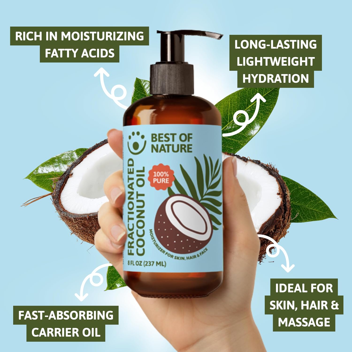 Best of Nature 100% Pure Fractionated Coconut Oil - Natural Massage Oil, Unscented Moisturizer for Men and Women, for Skincare and Hair Care, Carrier for Essential Oils, Half Gallon (64 fl oz) - Image 5