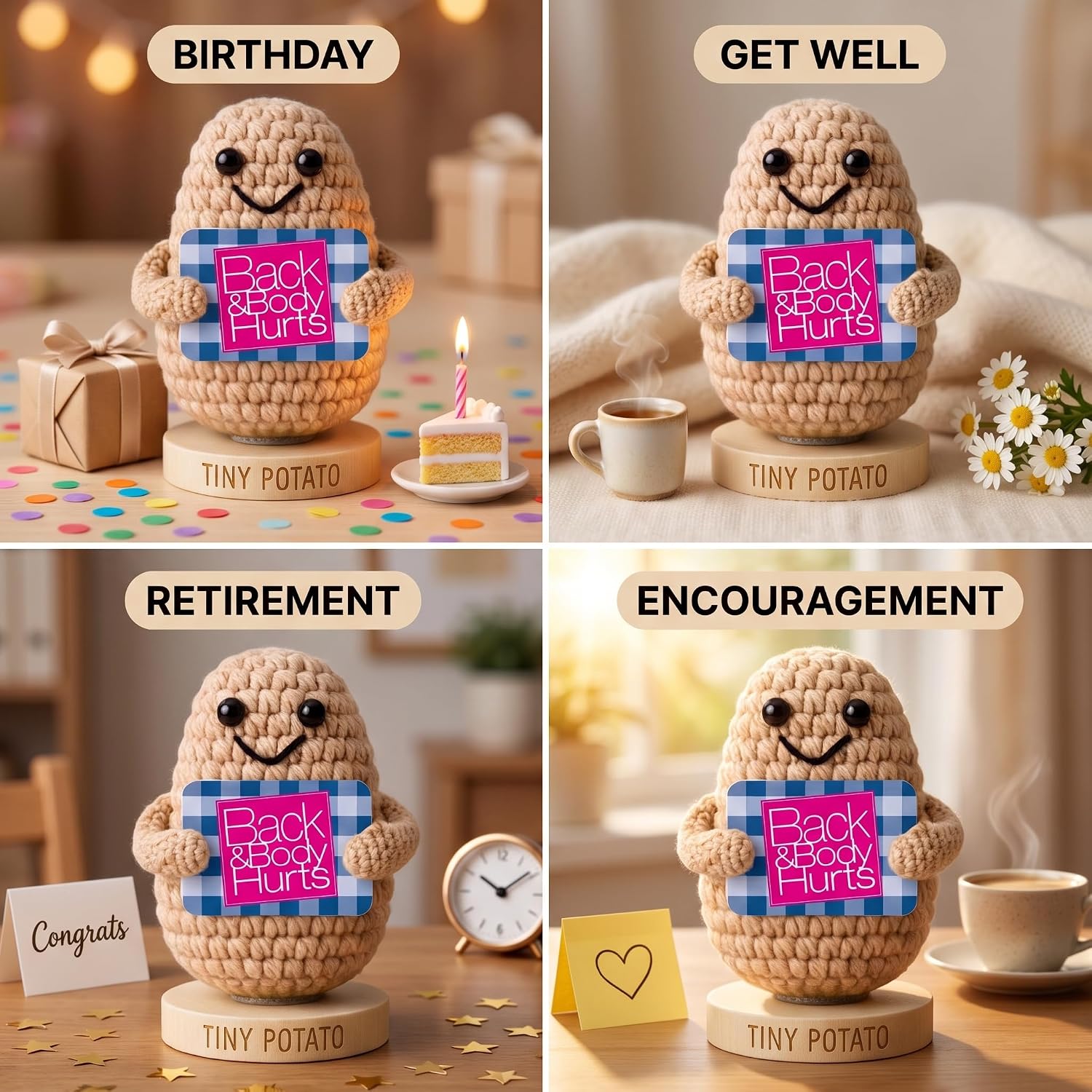 Back and Body Hurts Positive Crochet Potato - Funny Gag Gifts for Women Men Coworkers - Handmade Desk Buddy & Office Gift - Funny Birthday, Get Well and Goodbye Gifts for Coworkers, Best Friends - Image 2