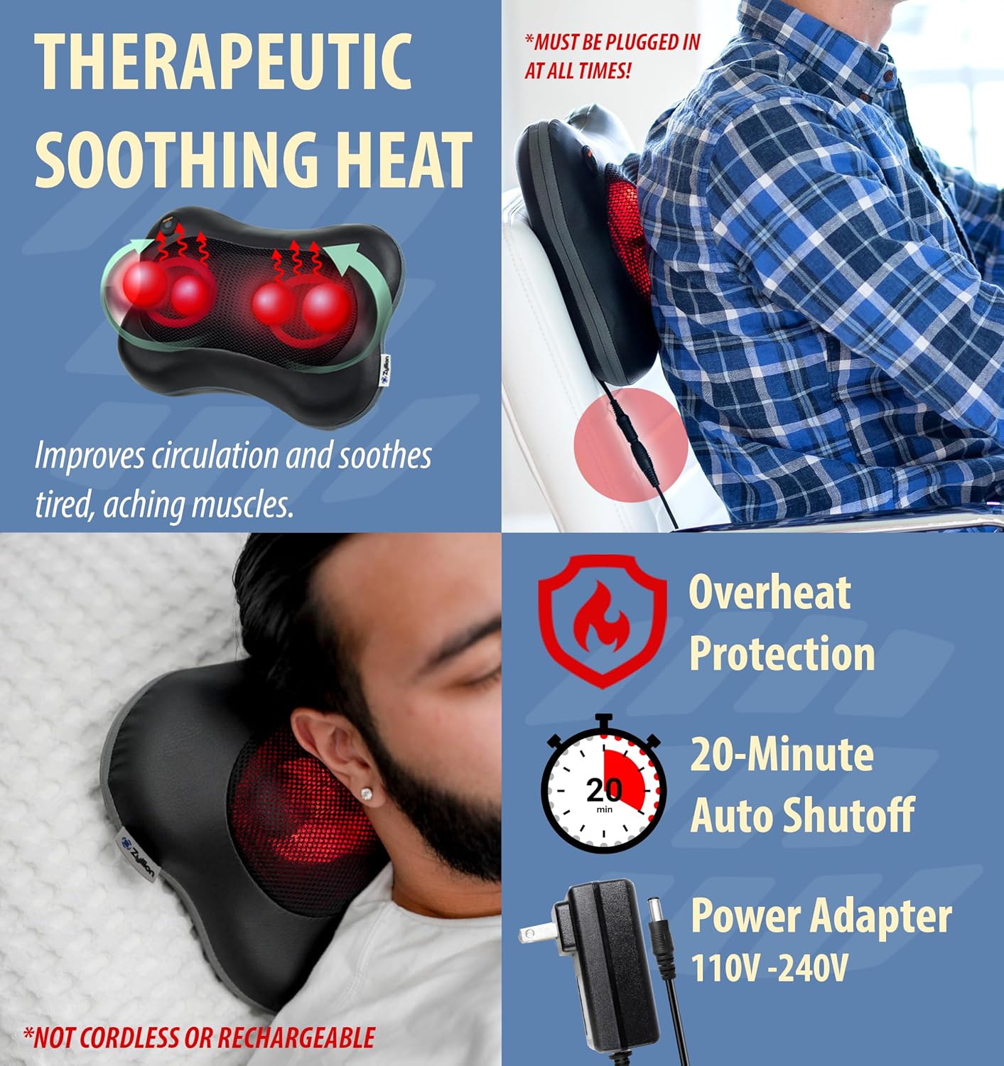 Zyllion ZMA-13 Back and Neck Massager with Heat for Pain Relief, Black | Doctor Recommended, Shiatsu, Deep Tissue, 3D Kneading, Muscle Therapy, Car Adapter, Corded Electric, UL 1647 Safety Certified - Image 4