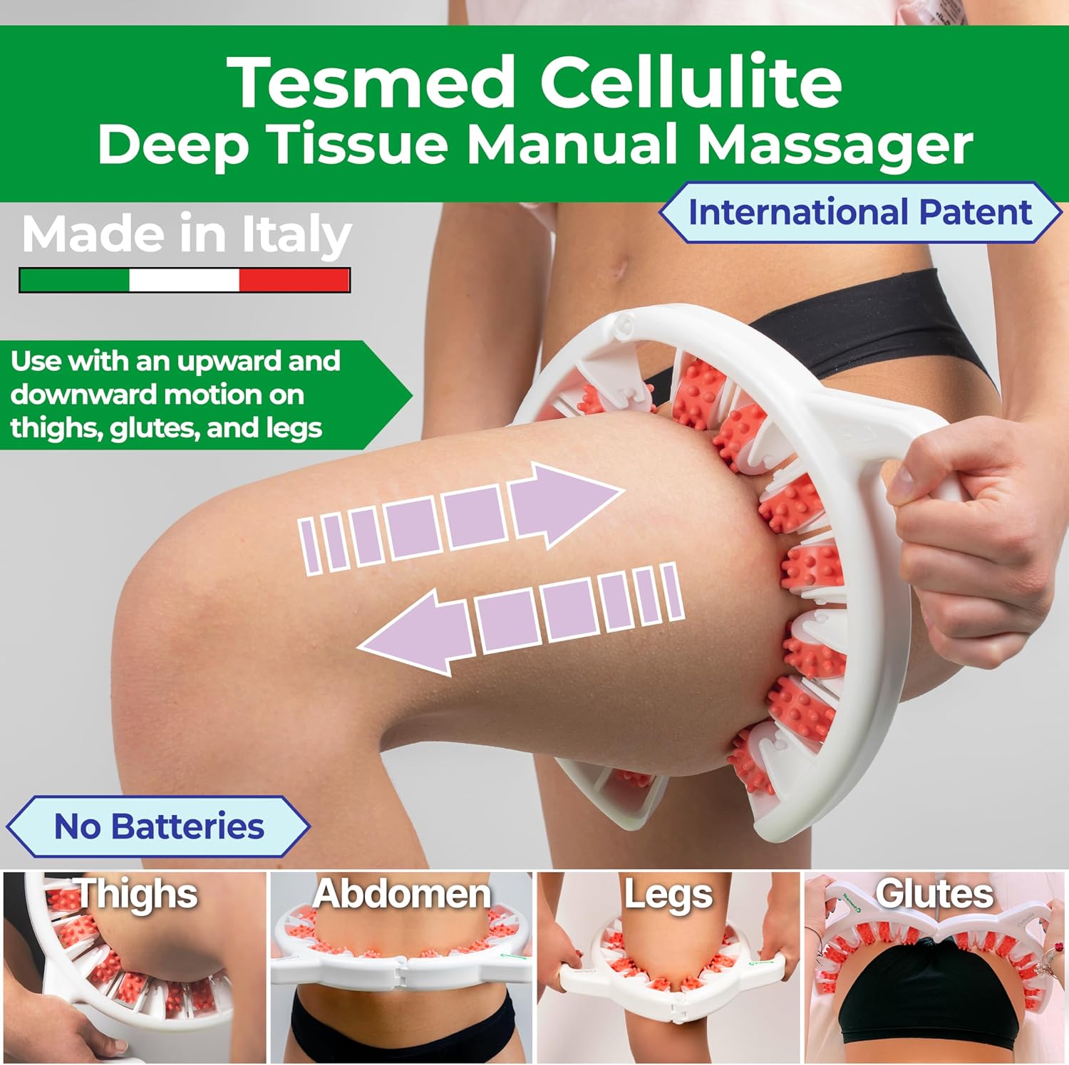 TESMED Cellulite Manual Massager Roller for Thighs and Buttocks | Made in Italy and patented, with converging and diverging roller technology for targeted anti-cellulite massage. - Image 2