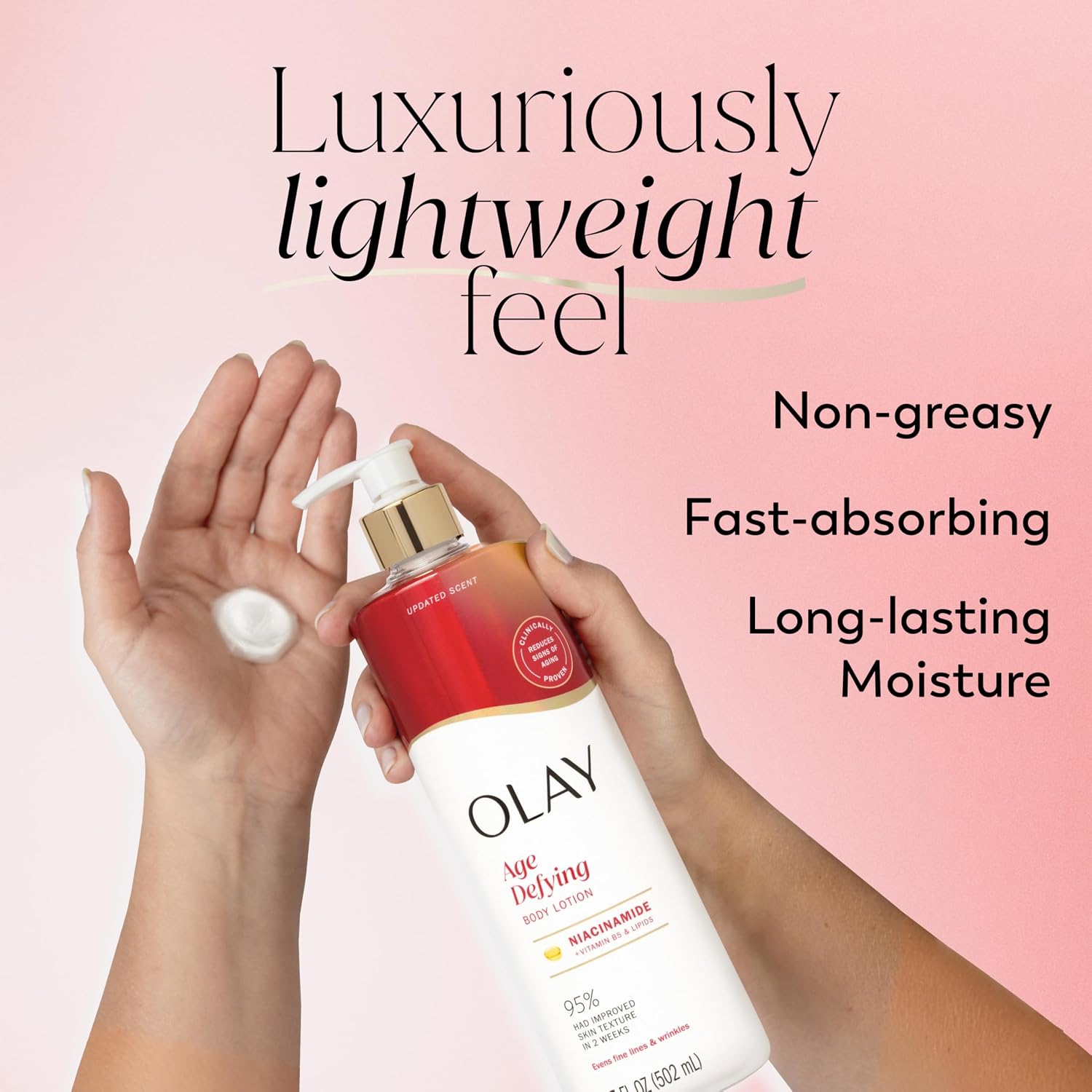 Olay Body Lotion for Women, Age Defying with Niacinamide Serum, Visibly Reduce Signs of Skin Aging, 24hr Moisture & Hydration, Fast Absorbing Formula, Vitamin B3 Complex, For All Skin Types, 17 fl oz - Image 2