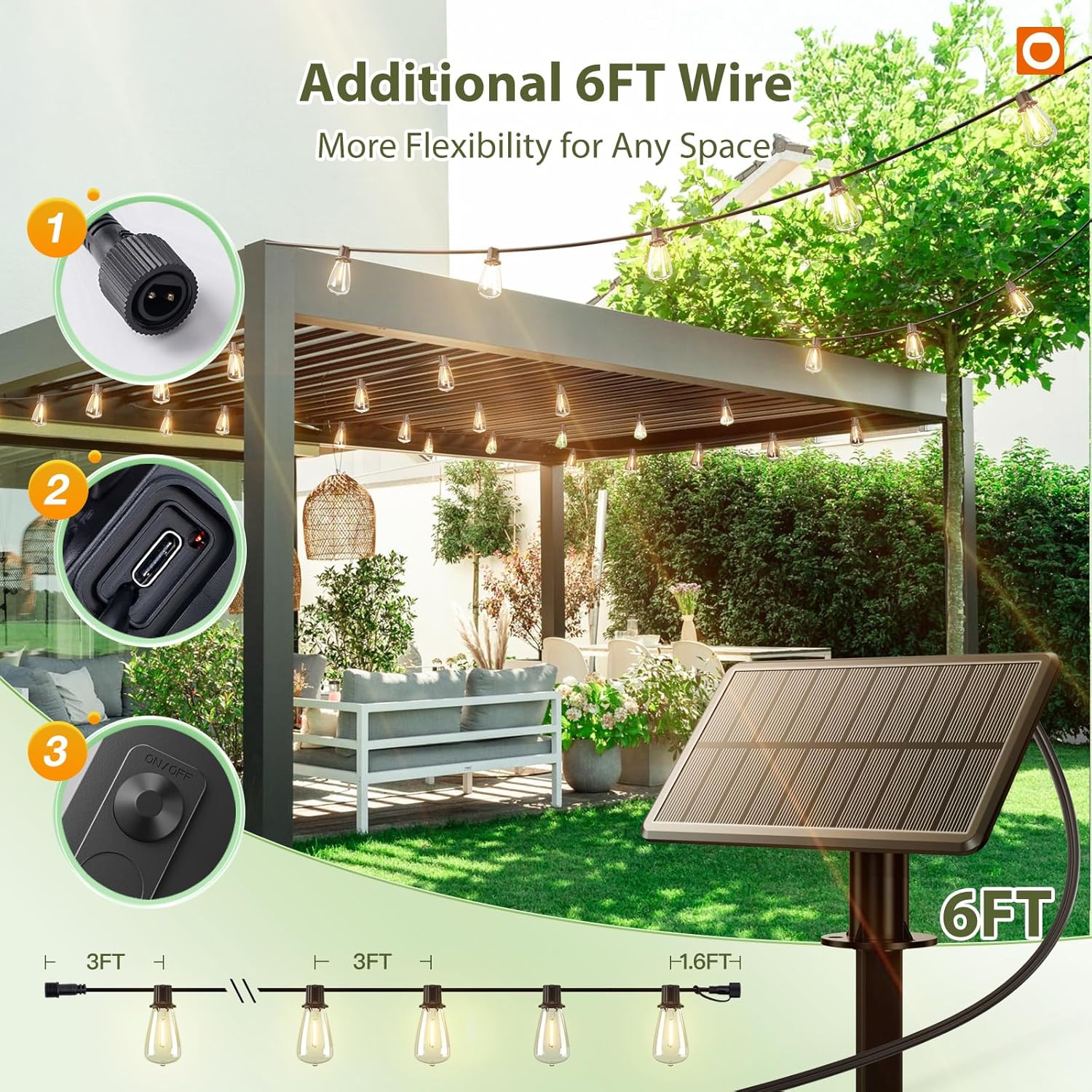 addlon 52(48+4) FT Solar String Lights Waterproof, Remote Dimmable 16+1 LED | Patio Lights Solar Powered with USB Port, Shatterproof Bulbs, 3 Light Modes, Timable Solar Light for Camping Backyard Garden - Image 6