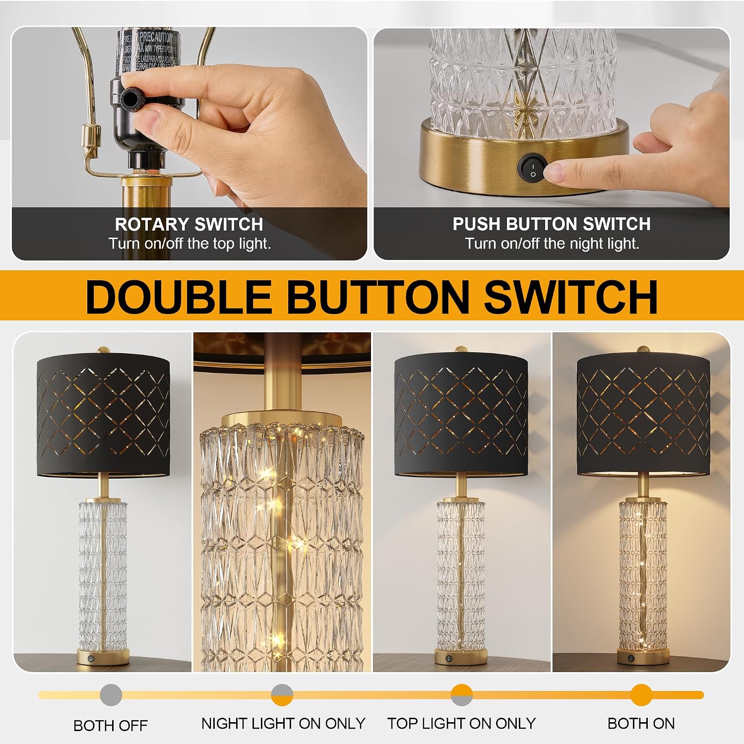 27.75" Modern Table Lamps Set of 2, Gold Bedside Lamp with Crystal Nightlight, USB A+C, Black Grid Shade, Unique Desk Lamps for Living Room, Bedroom, Nightstand, End Table (2 Bulbs Included) - Image 3